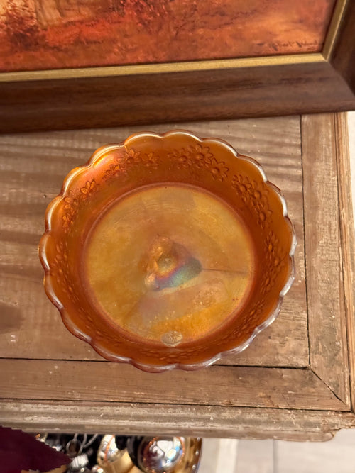 Antique Fenton Orange Tree Marigold Carnival Glass Footed Ice Cream Dish