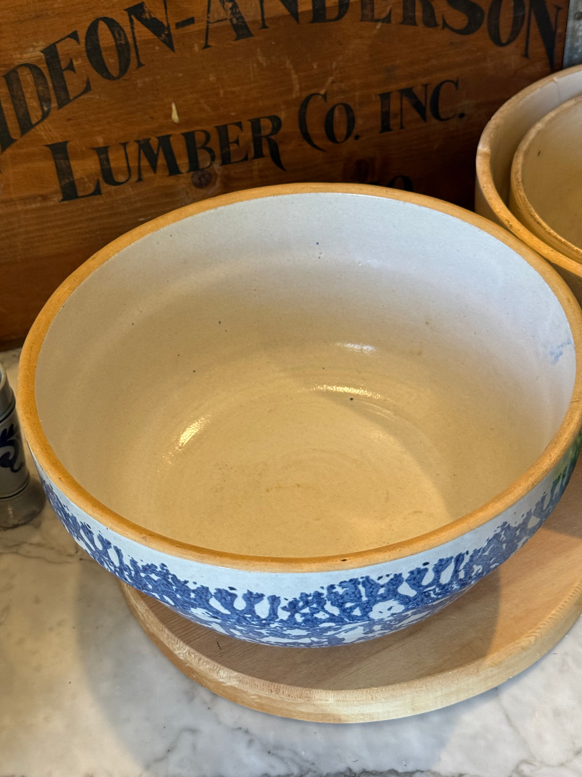 Antique Blue Spongeware Crock Shoulder Bowl - 10.75"