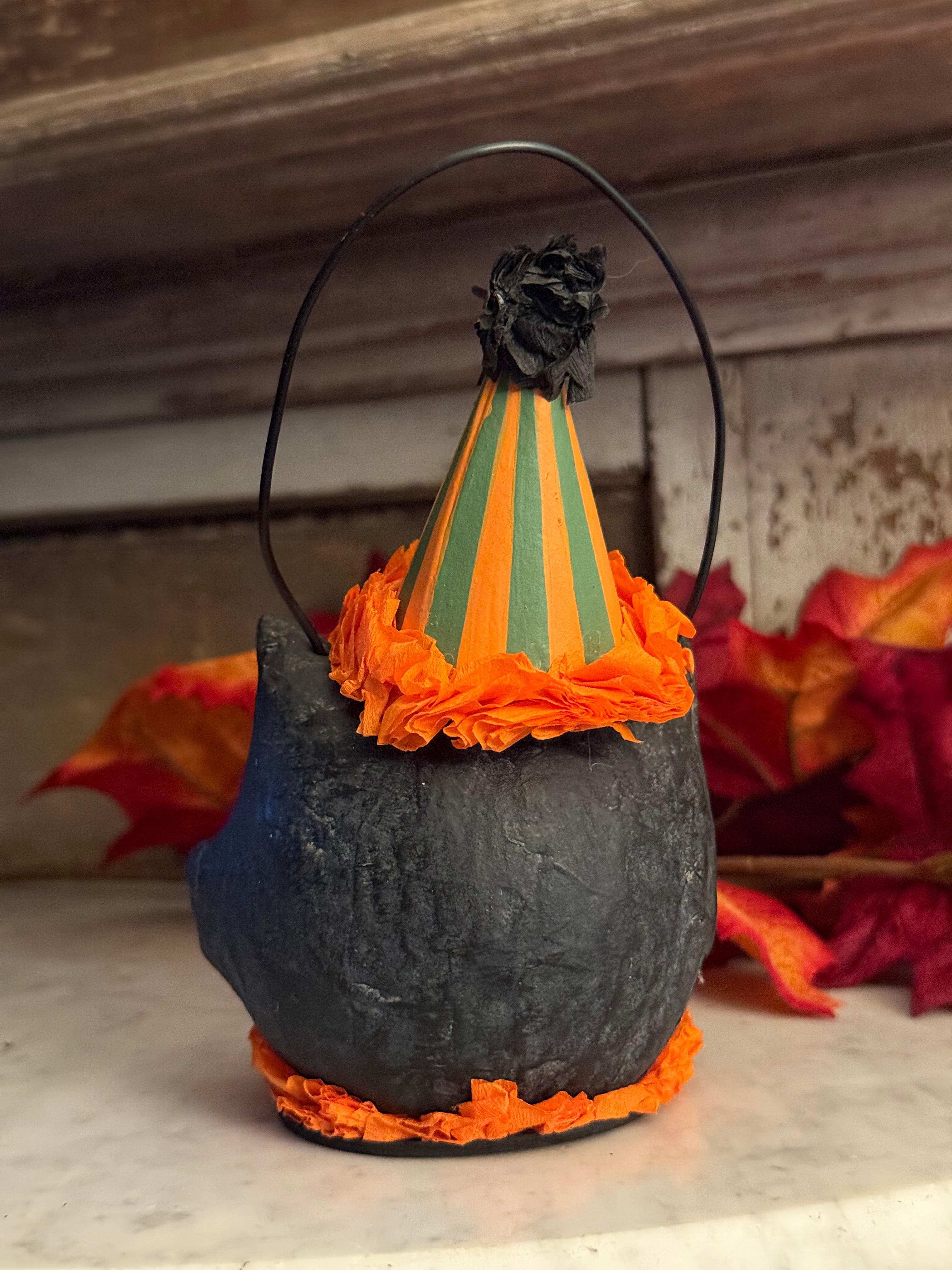 Bethany Lowe Vintage Sassy Black Cat Mini Bucket Lantern w/ Hat