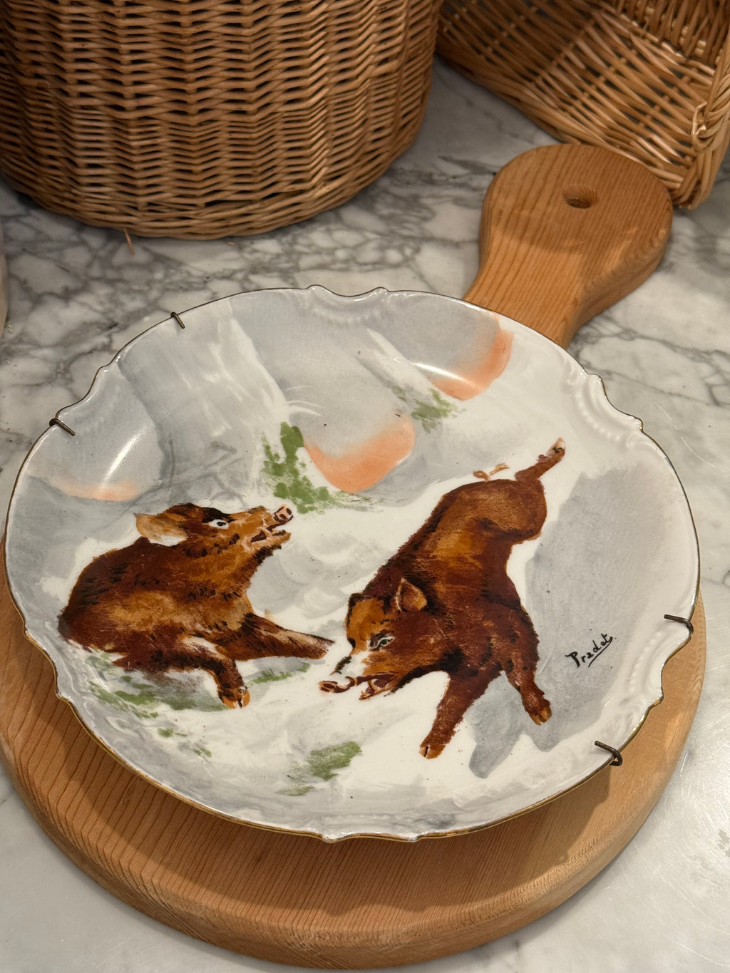 Antique Hand-Painted Wild Boar Limoges Plate