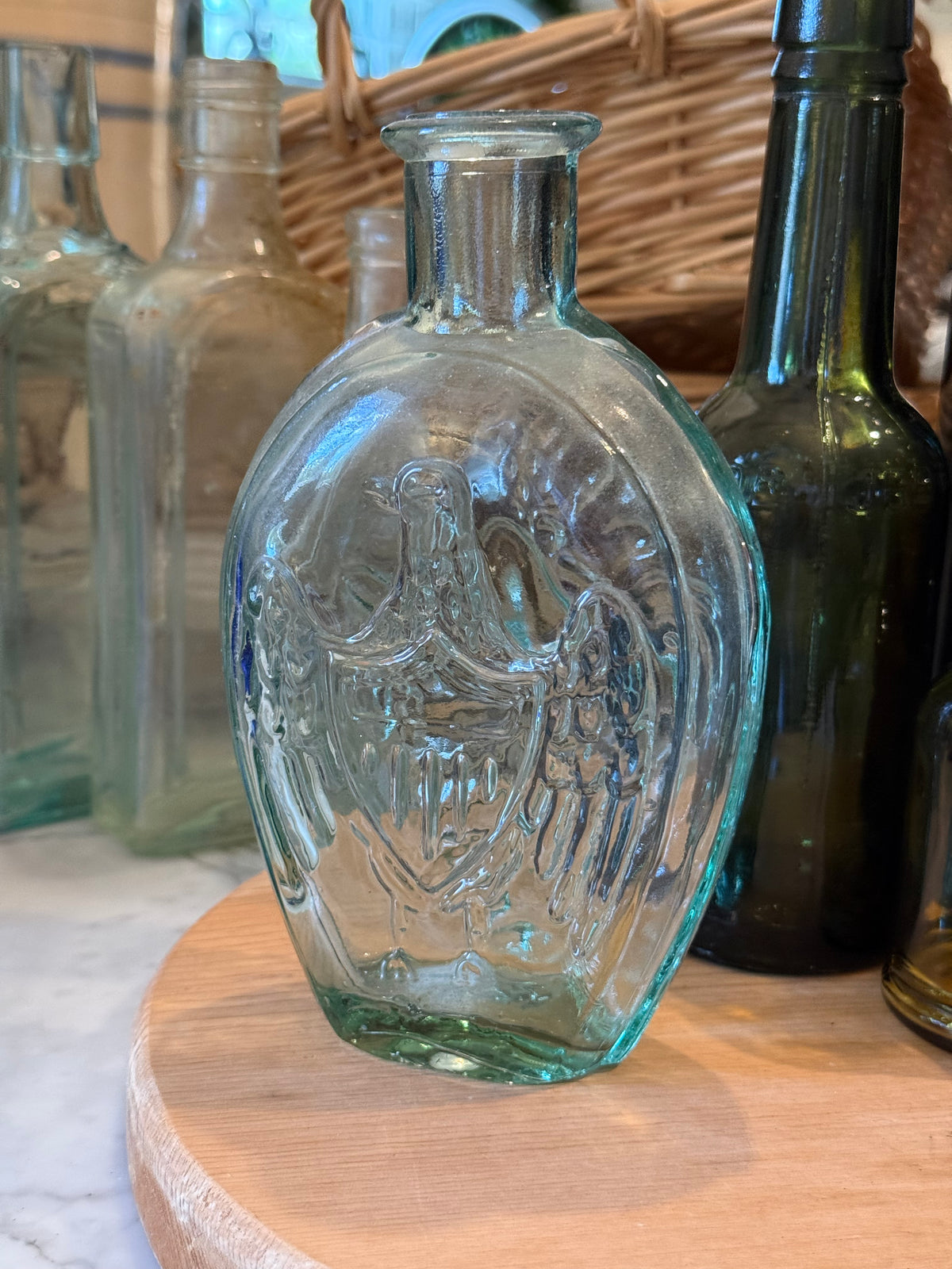 Vintage Aqua Eagle & Cornucopia Glass Flask