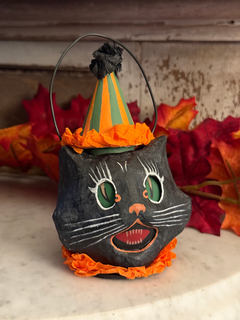 Bethany Lowe Vintage Sassy Black Cat Mini Bucket Lantern w/ Hat