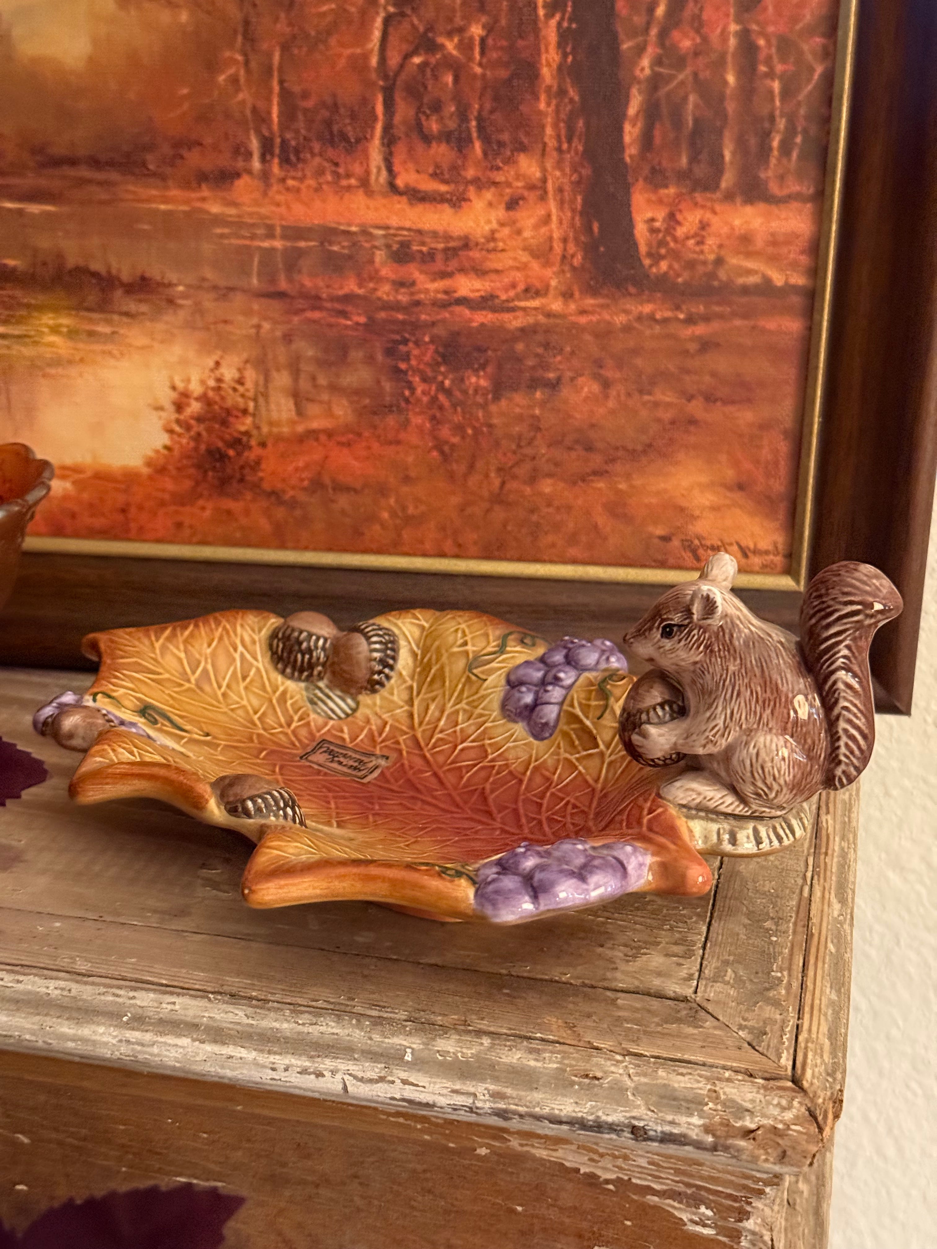 Vintage Fitz and Floyd Squirrel Leaf Ceramic Trinket Dish Autumn Decor