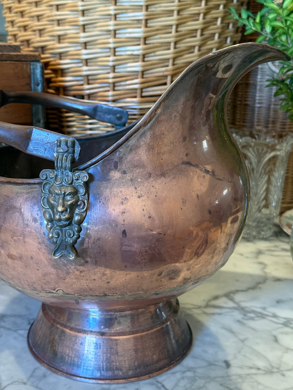 Large Vintage Copper Scuttle Bucket with Delft-Style Handles