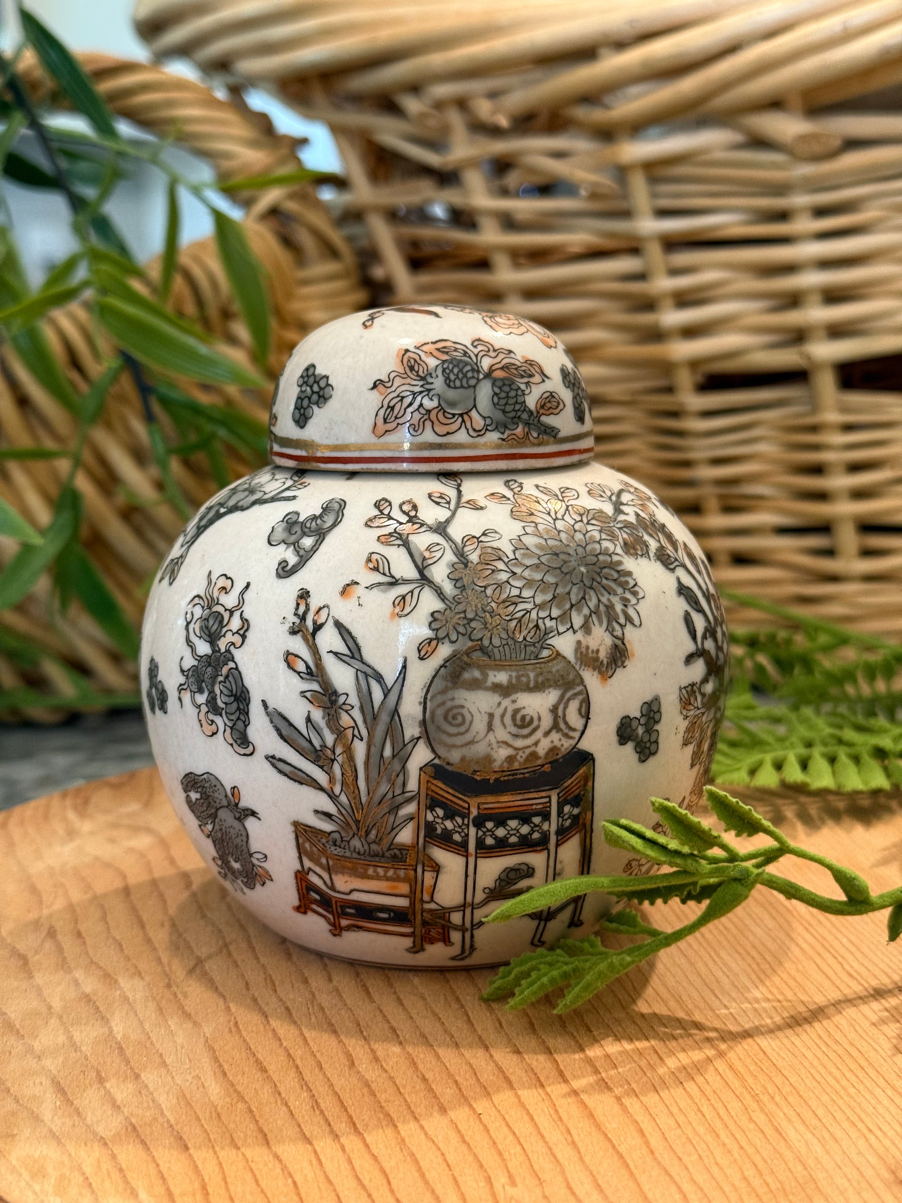 Vintage Handpainted Macau CPC Porcelain Black & Gold Floral Ginger Jar (5")