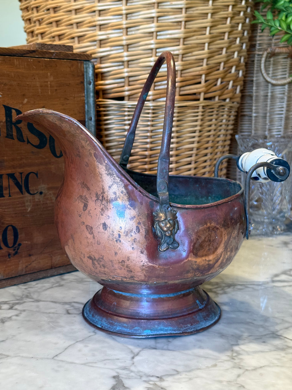 Small Vintage Copper Coal Scuttle Bucket with Delft-Style Handles