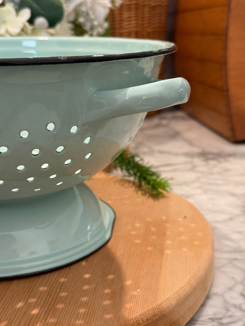 Vintage Pale Blue Teal Enamelware Pedestal Colander Strainer