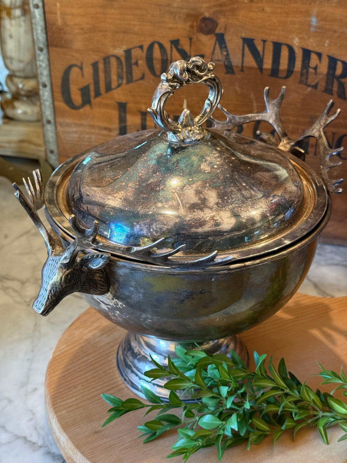 Vintage Silver Plated Stag Head Pedestal Tureen