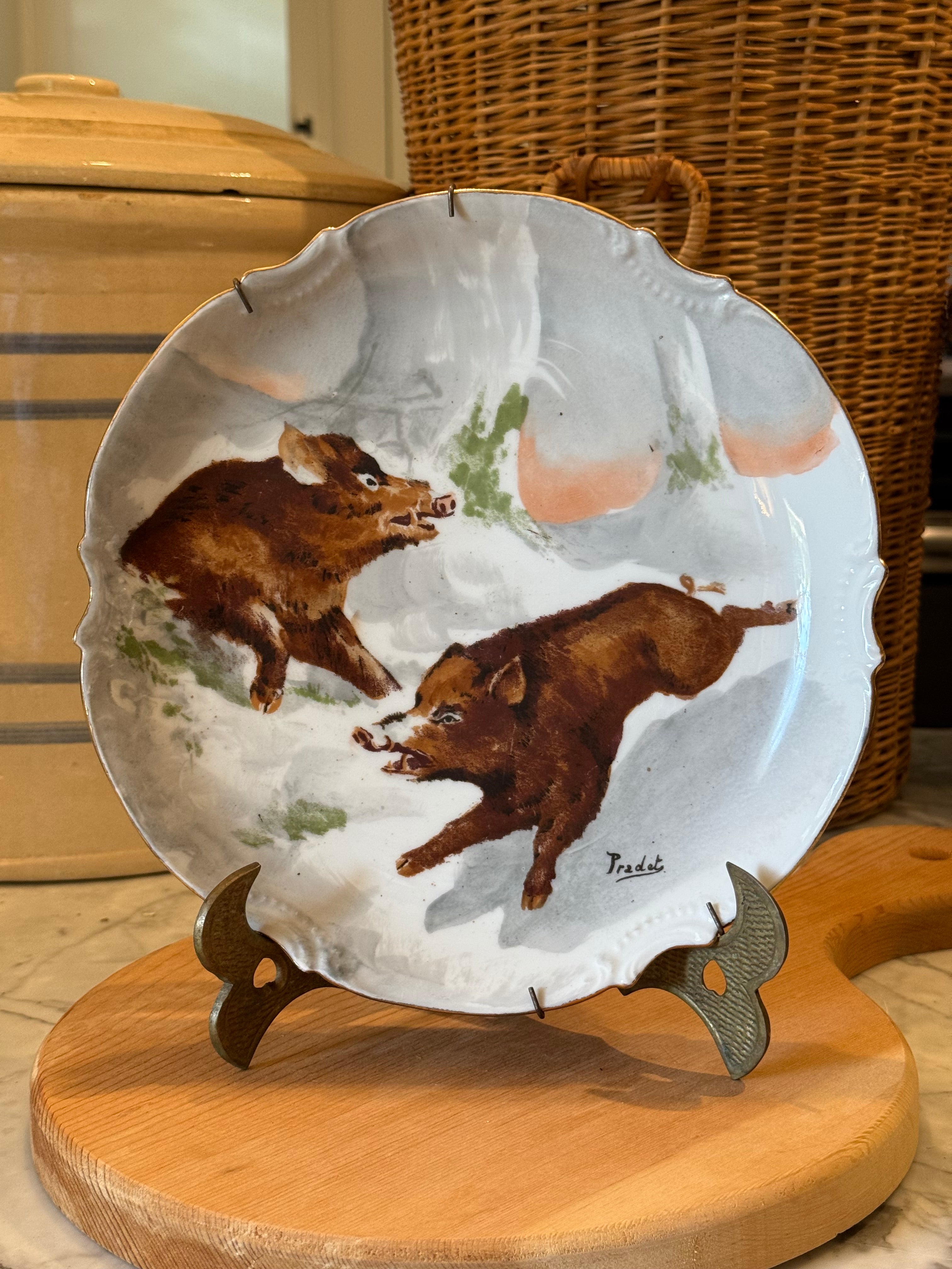 Antique Hand-Painted Wild Boar Limoges Plate