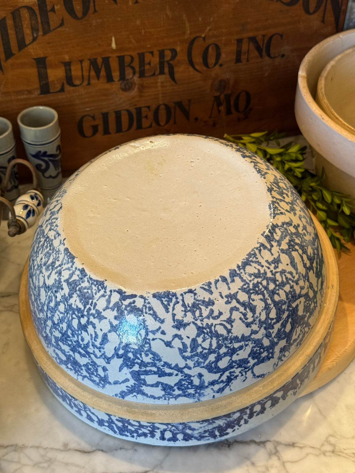 Antique Blue Spongeware Crock Shoulder Bowl - 10.75"