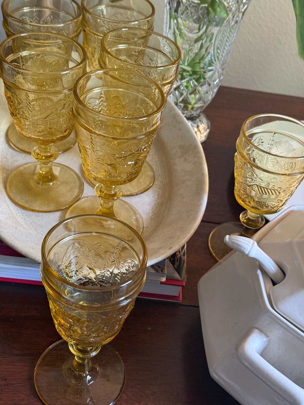 Vintage Amber Westward Ho Goblets, Set of 7