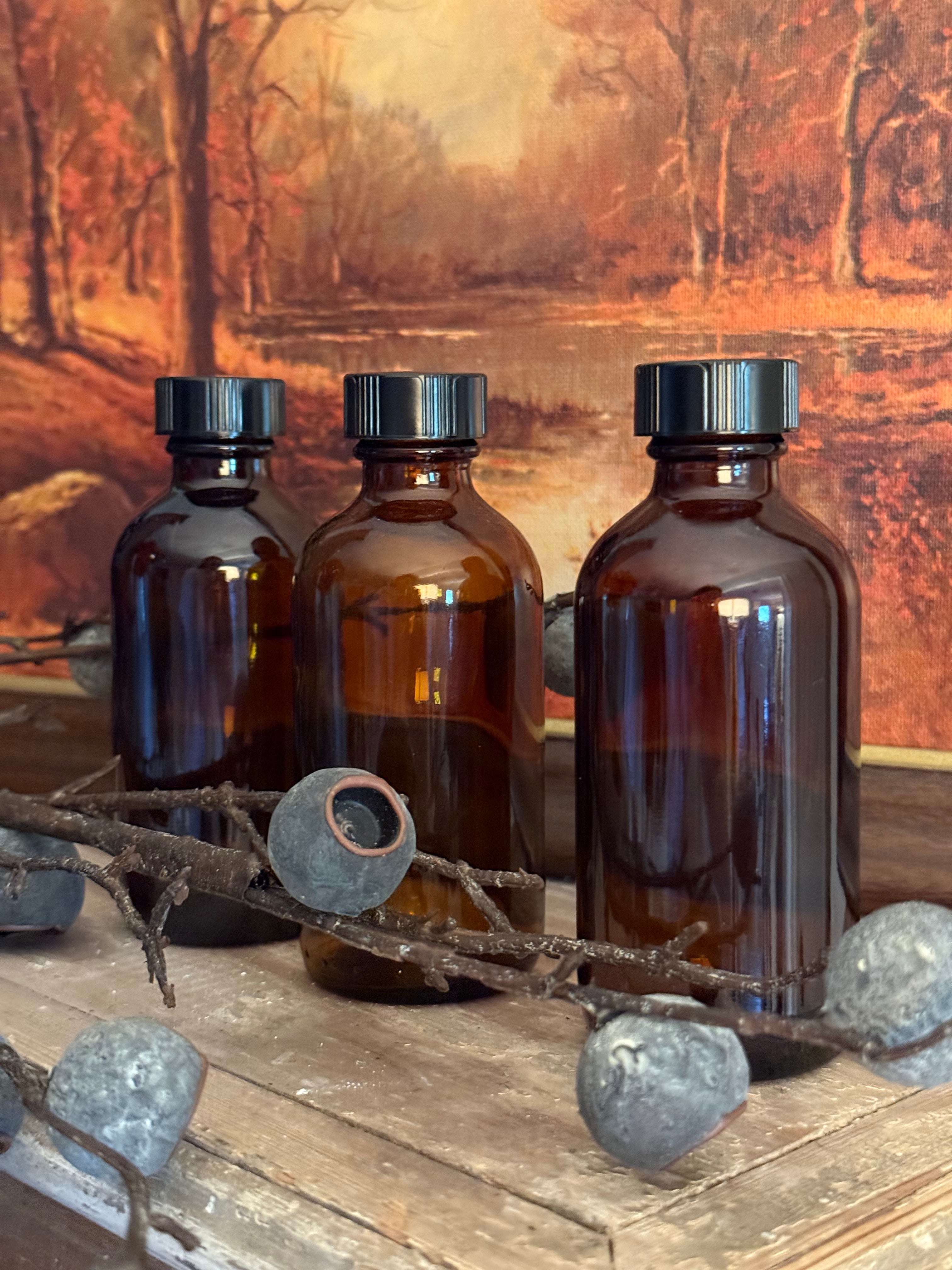 Amber Glass Small Bottles with Black Lids Set of 3 Apothecary Decor