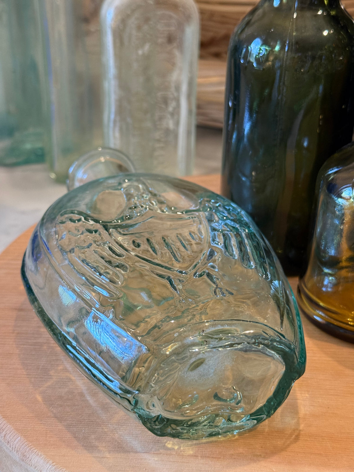 Vintage Aqua Eagle & Cornucopia Glass Flask