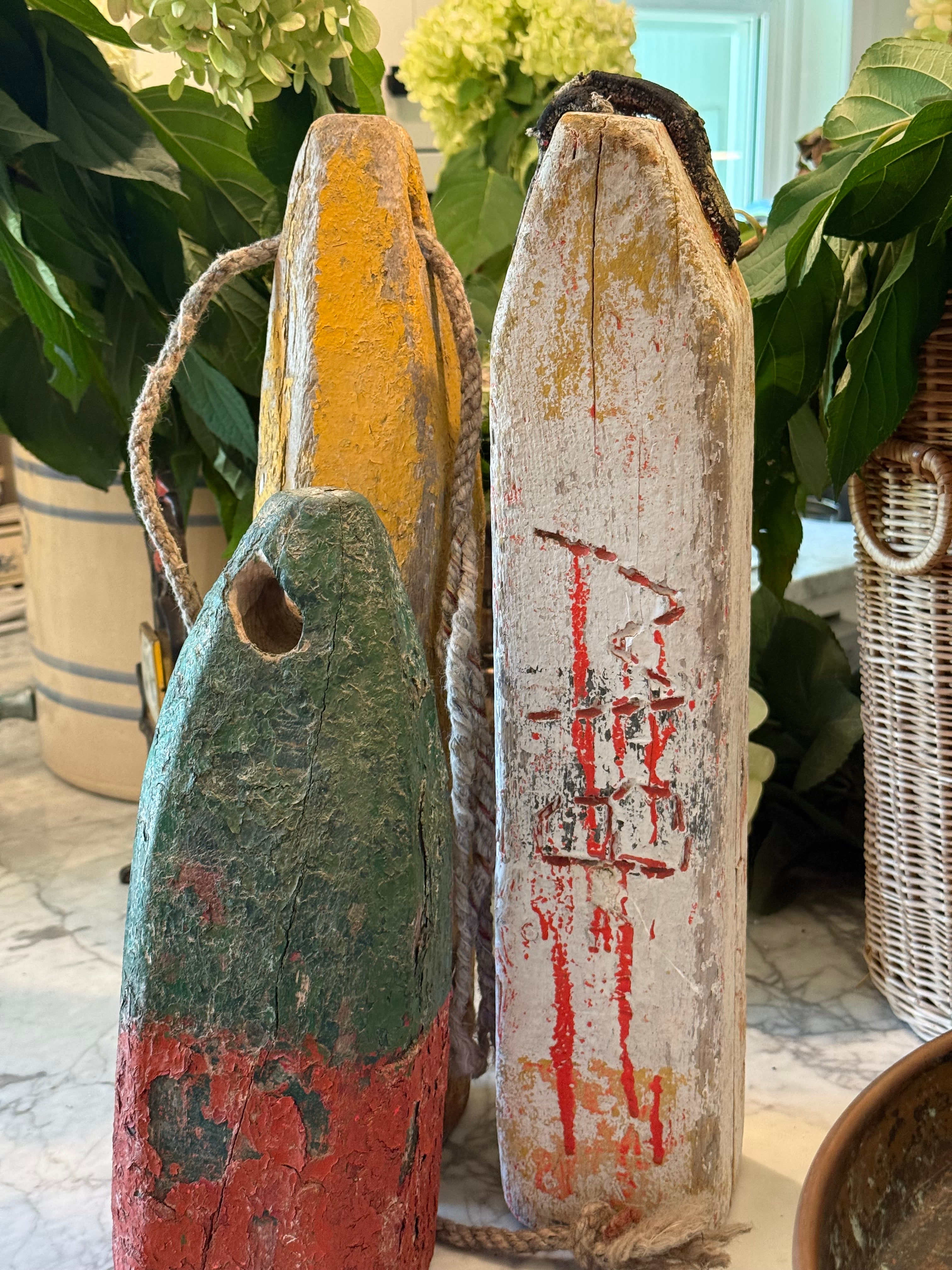 Vintage Set of 3 Wood Lobster Trap Buoy Floats - East Coast USA Nautical Decor