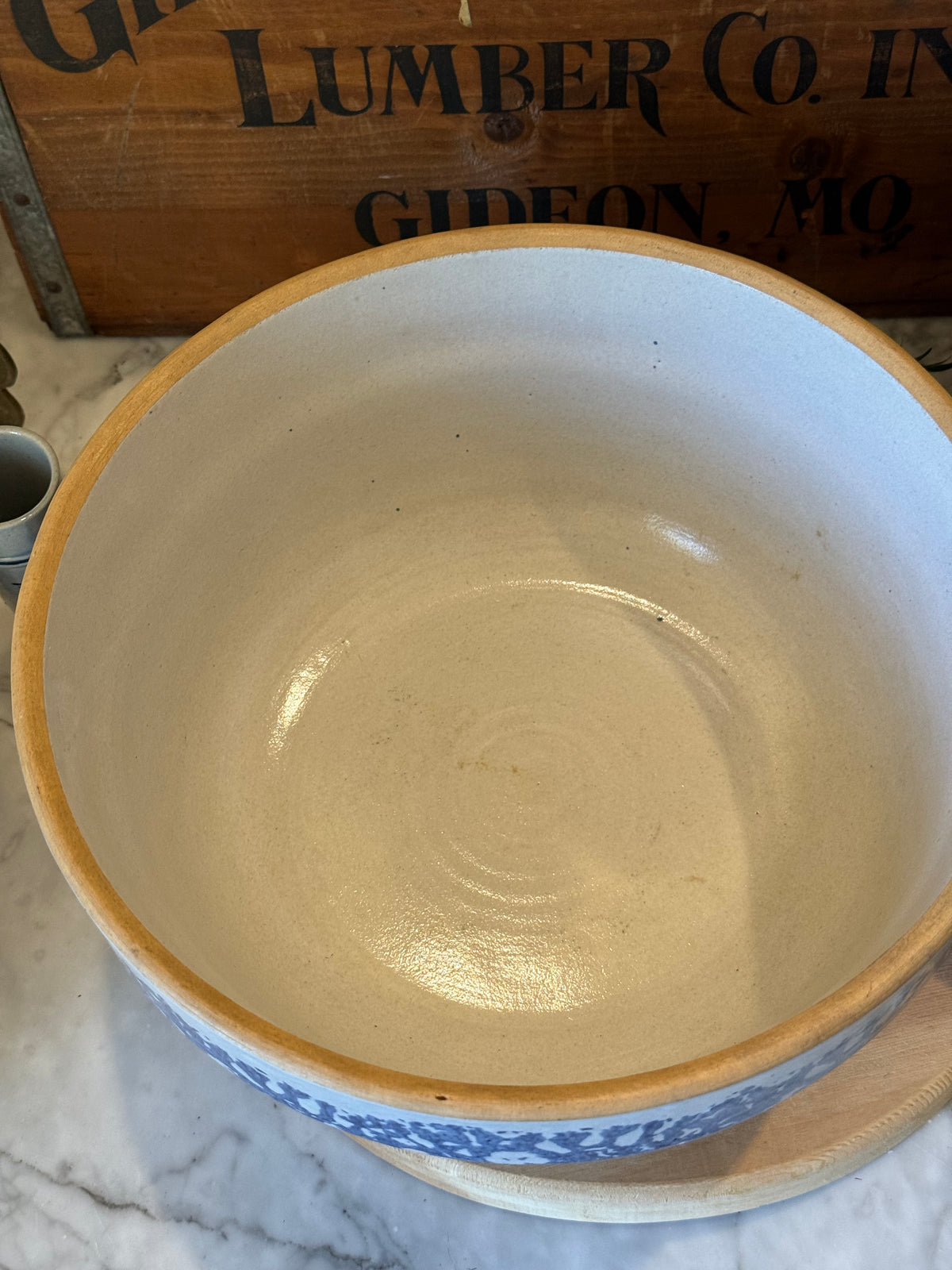 Antique Blue Spongeware Crock Shoulder Bowl - 10.75"