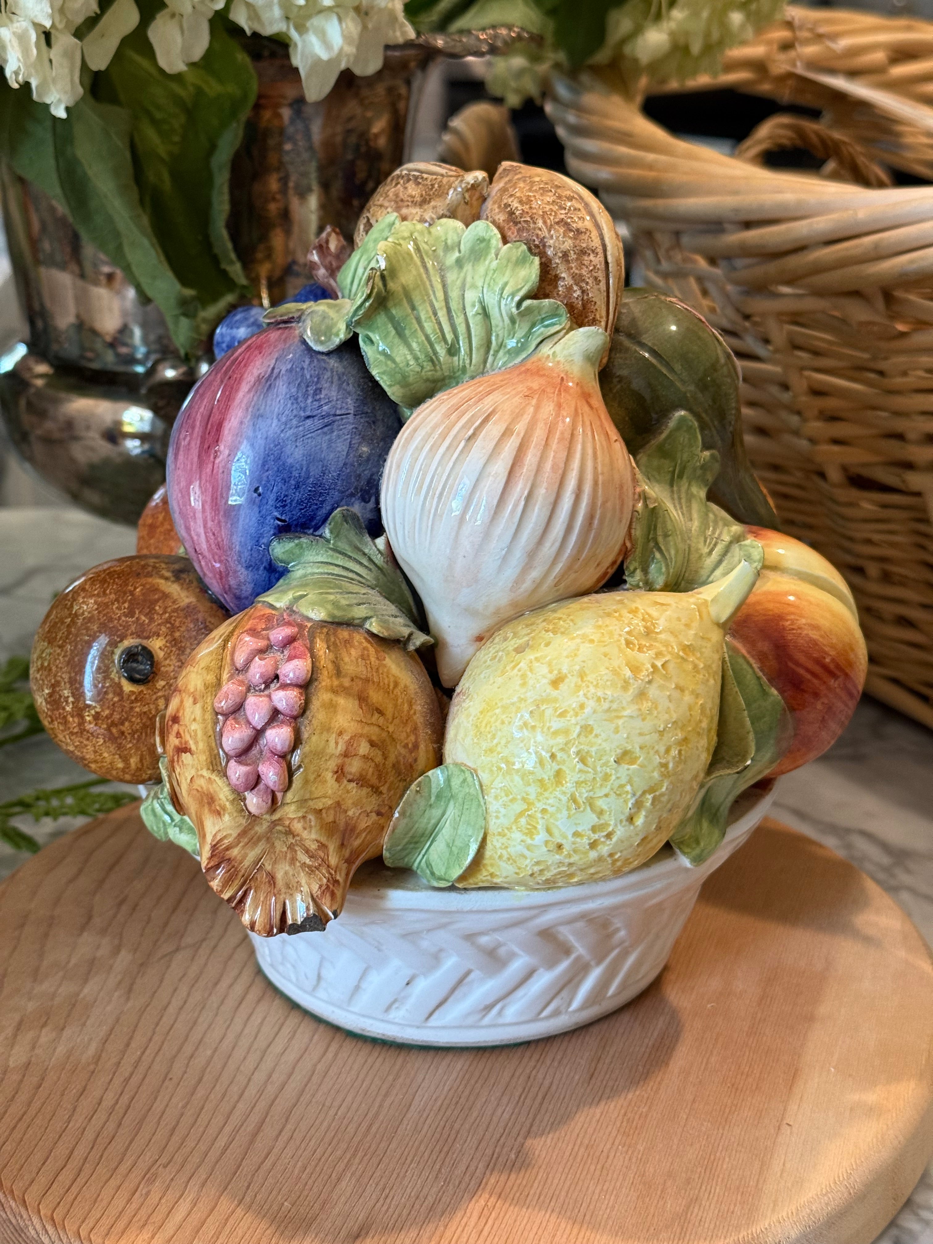 Vintage Italian Majolica Mixed Fruit Centerpiece Bowl Statue