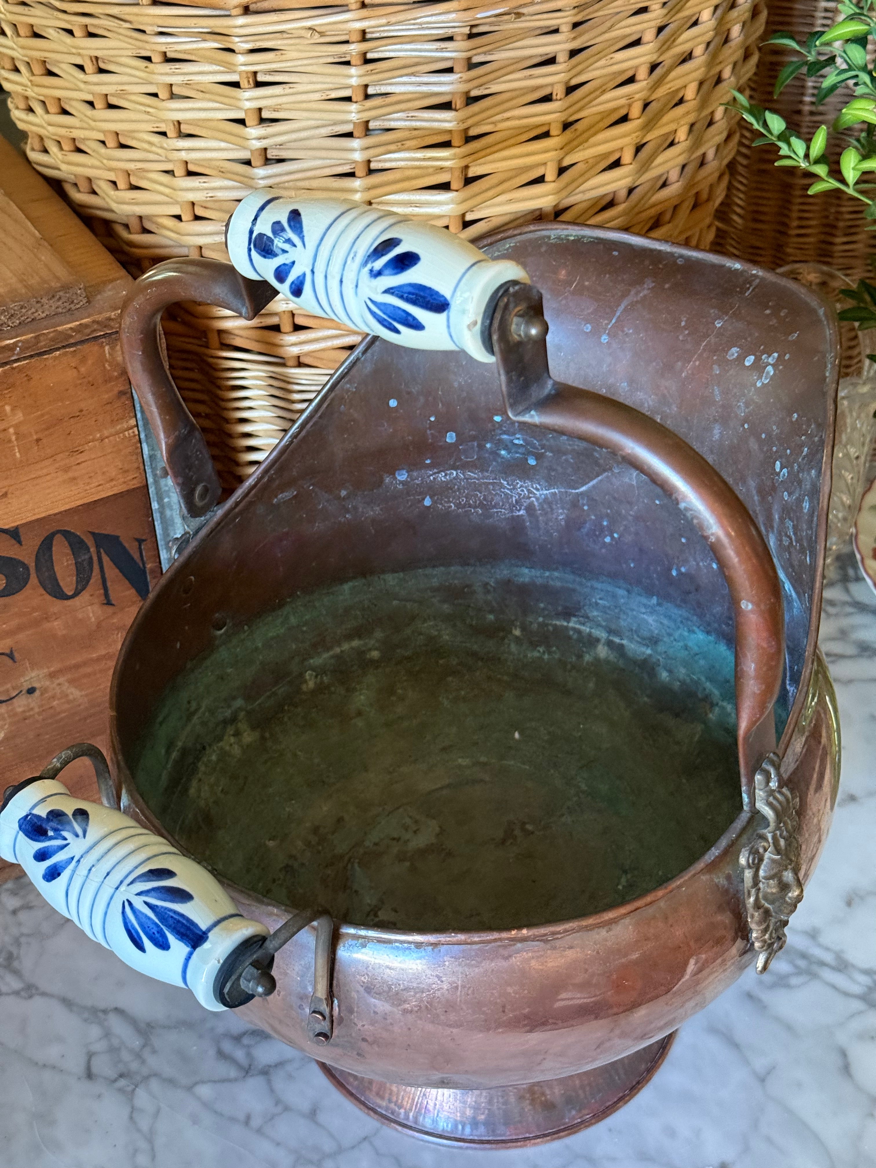 Large Vintage Copper Scuttle Bucket with Delft-Style Handles