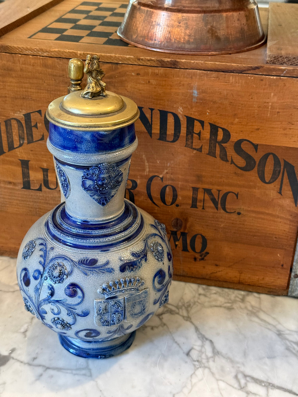 Antique German Westerwald Stein with Ornate Brass Finial