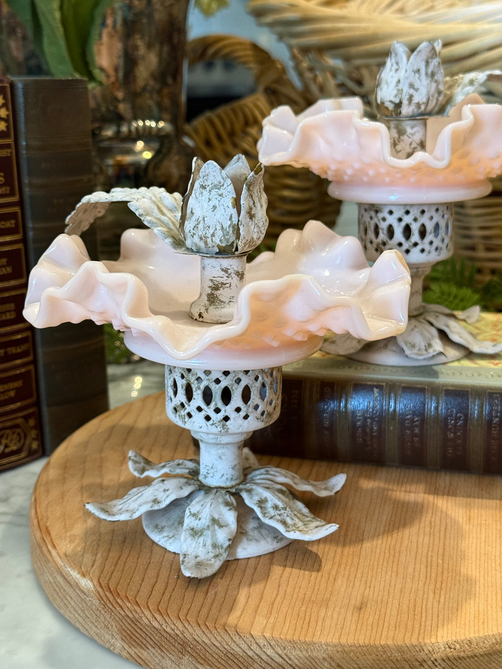 Fenton Pink Hobnail Milk Glass Victorian Candlestick Holder