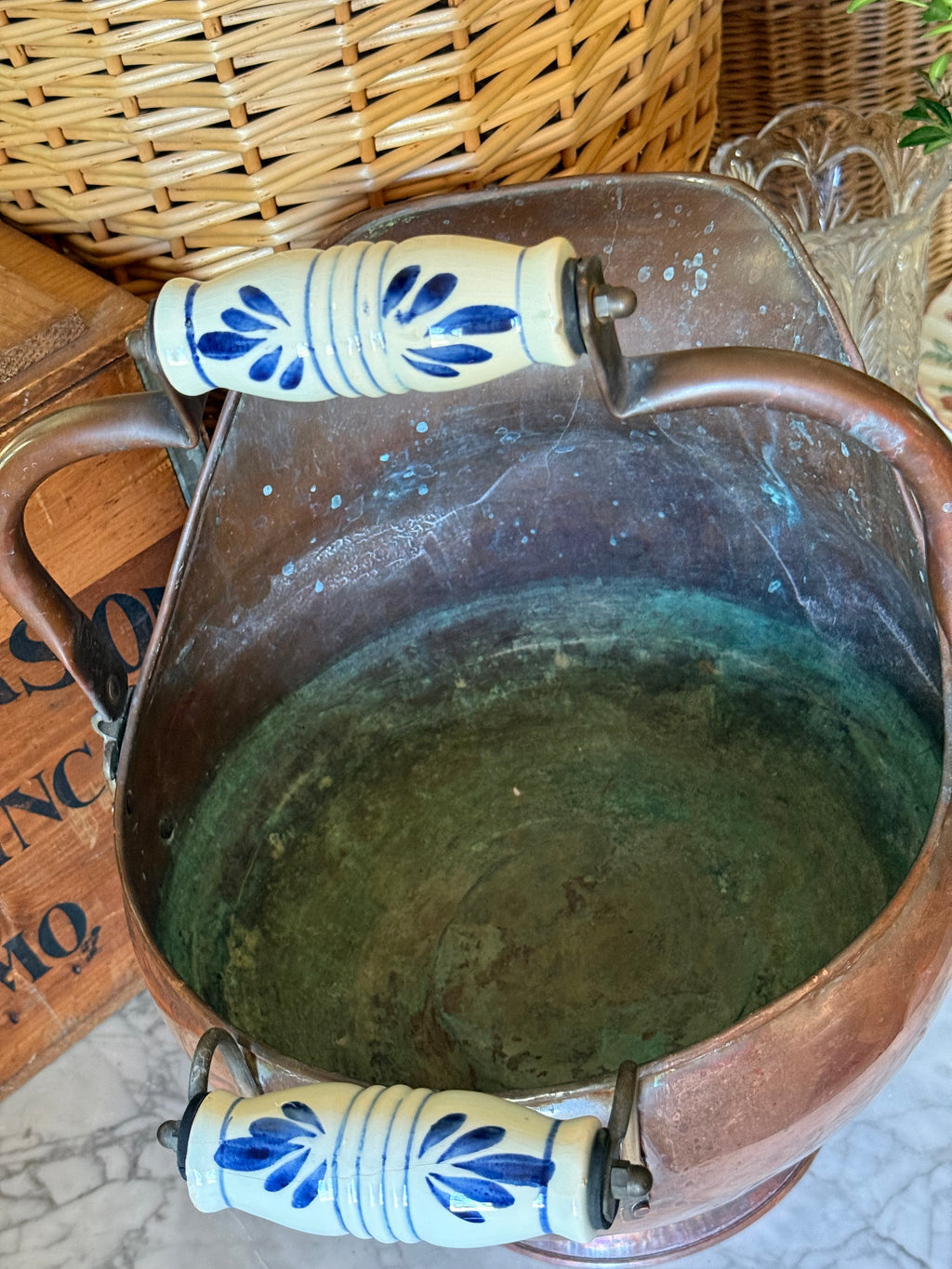 Large Vintage Copper Scuttle Bucket with Delft-Style Handles
