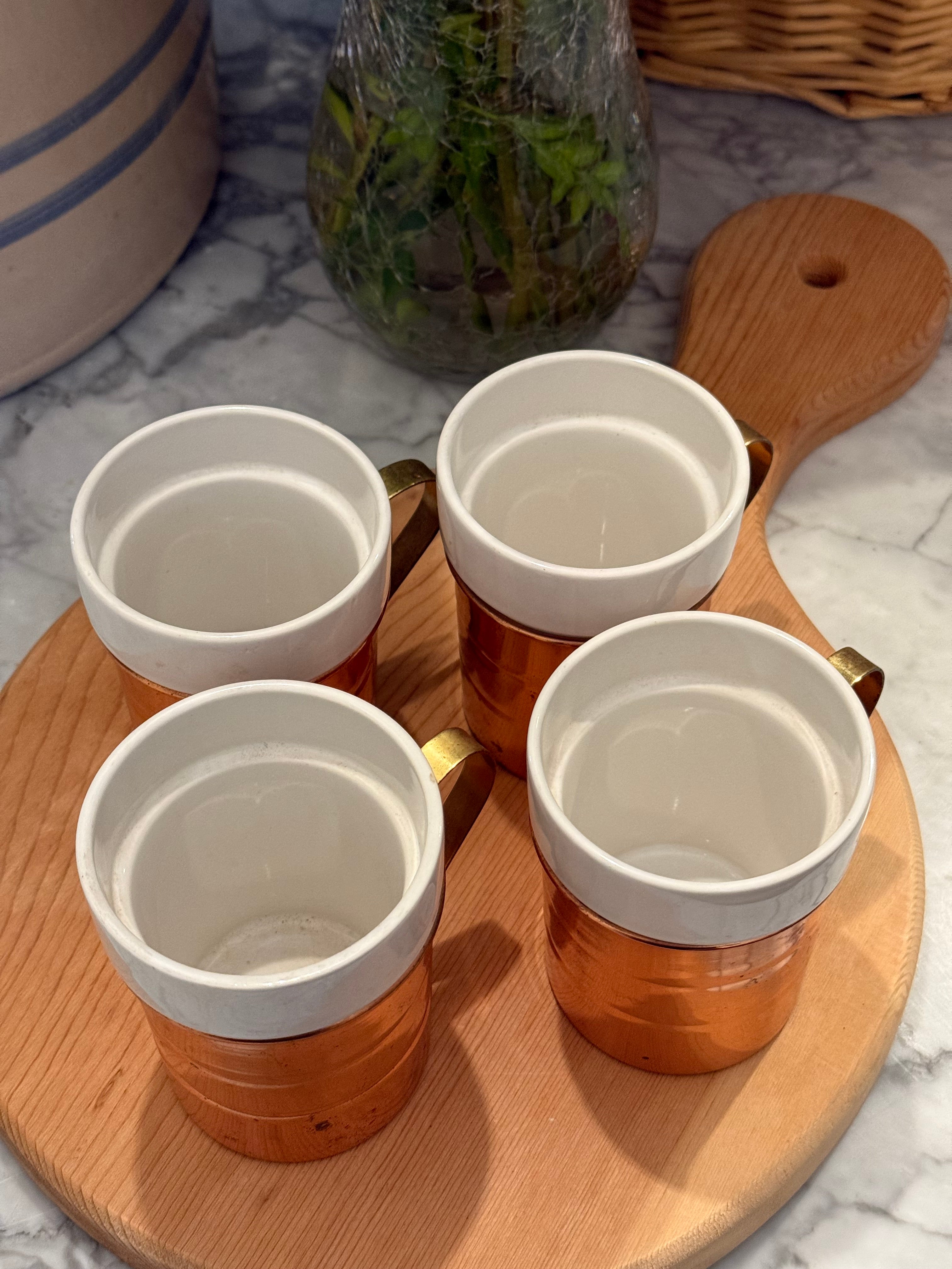 Vintage Copper Insulated Porcelain Mugs, Set of 4