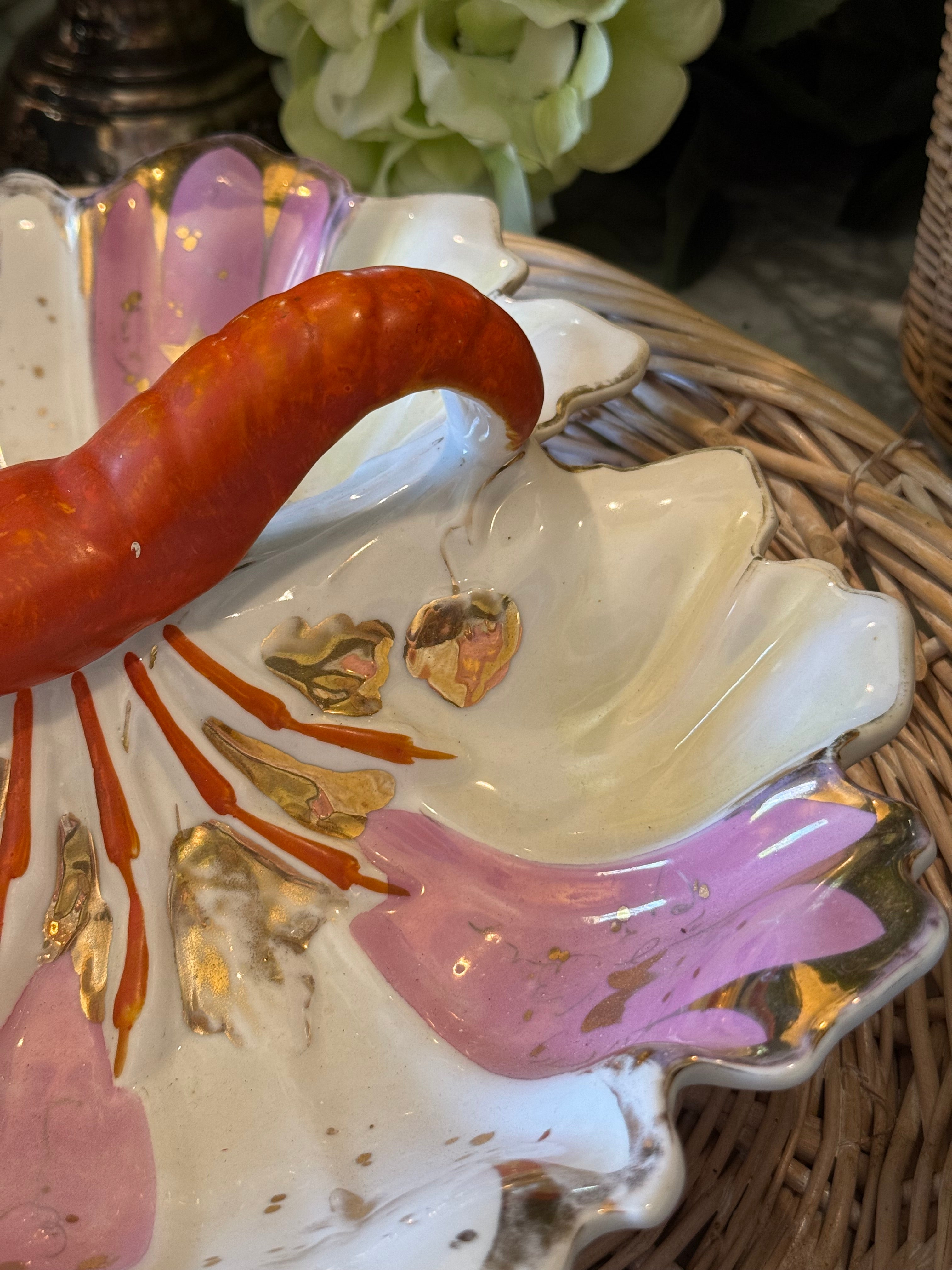Antique Joseph Schachtel Porcelain Lobster Divided Dish - German Silesian Shell Platter (c. 1896-1916)