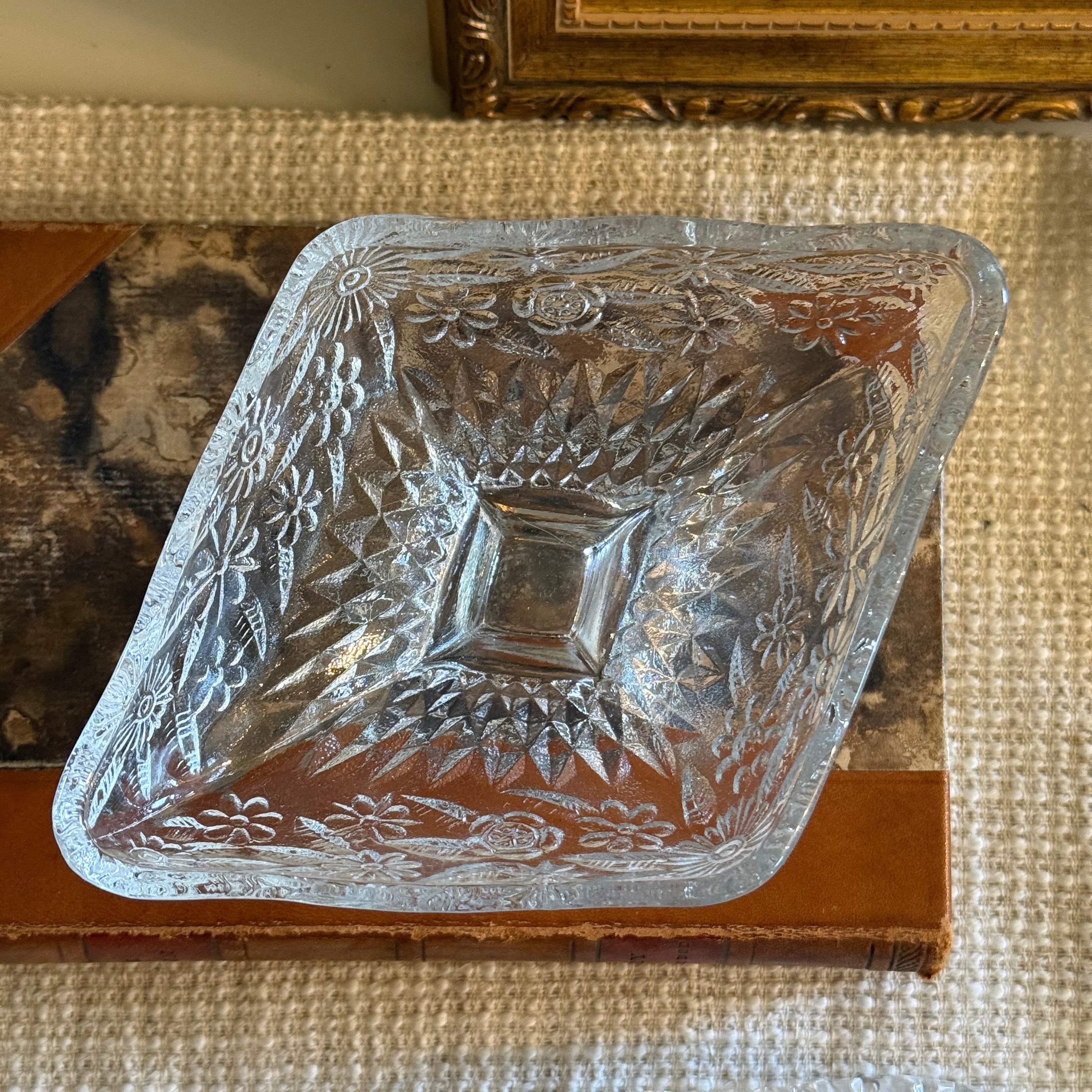 Vintage Indiana Glass Clear Pineapple and Floral Footed Compote Dish