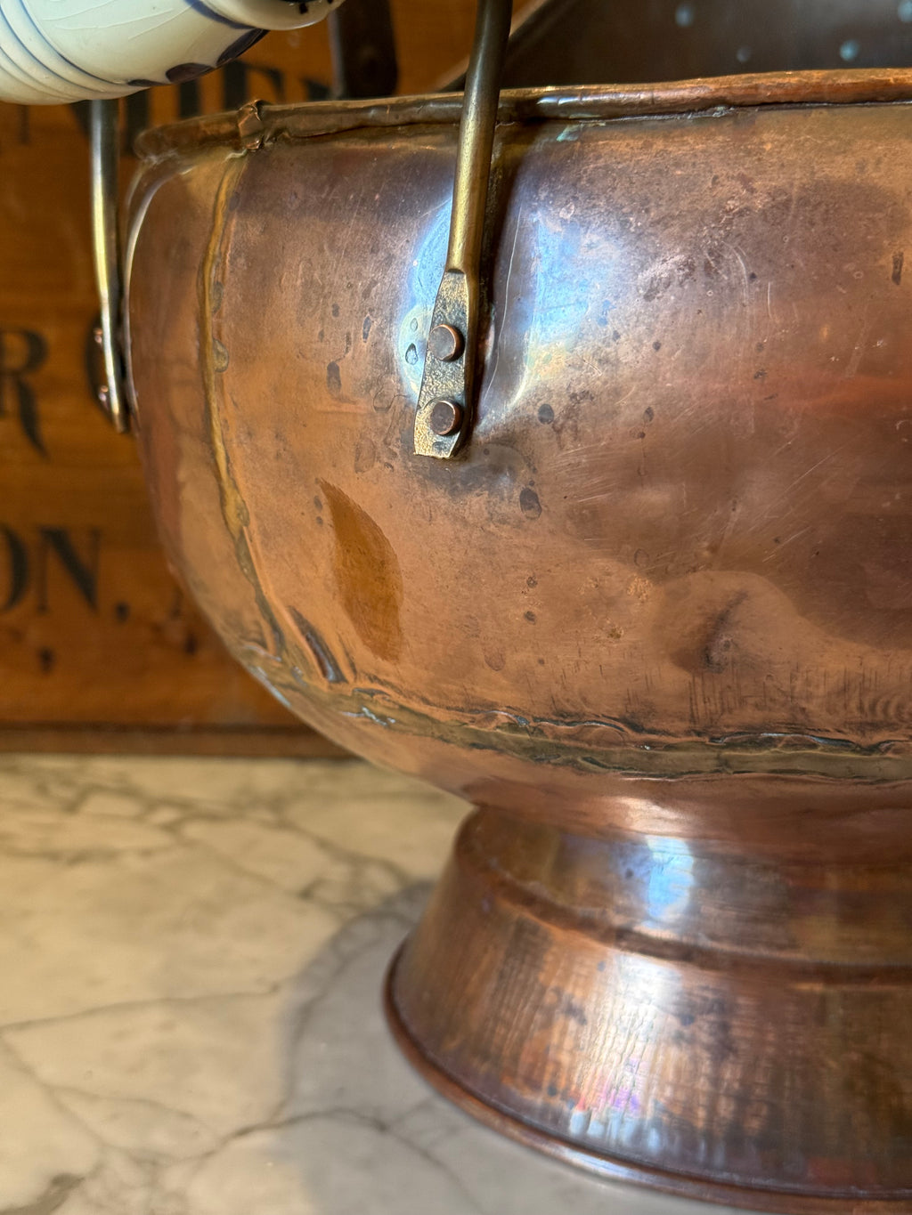 Large Vintage Copper Scuttle Bucket with Delft-Style Handles