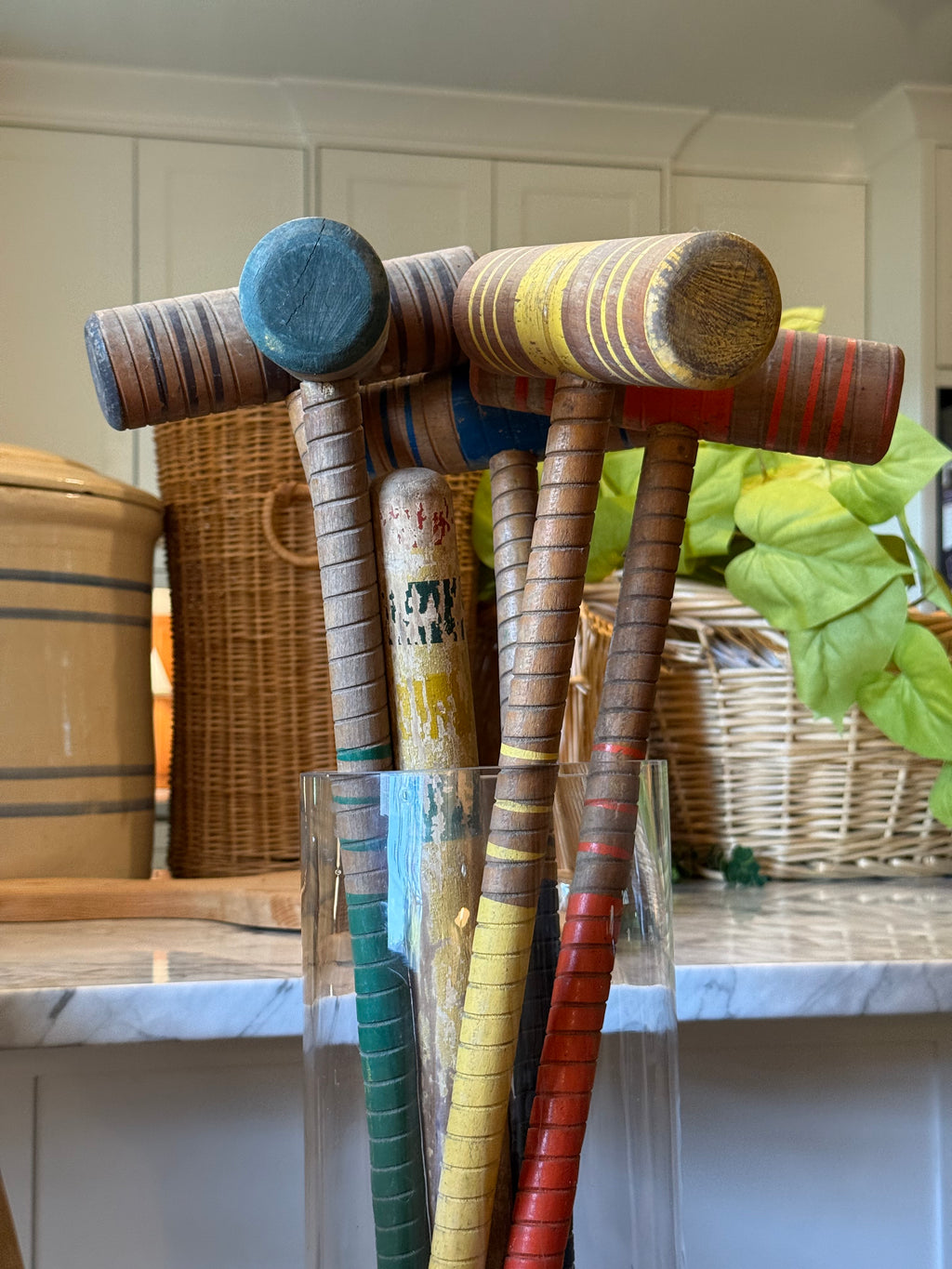 Vintage Wooden Croquet Set with Rolling Wire Cart
