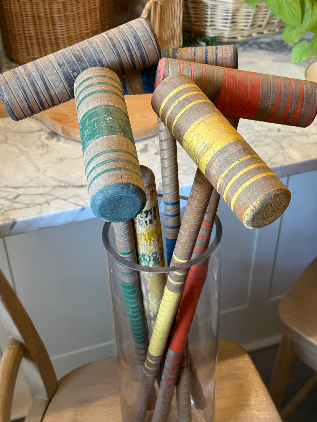 Vintage Wooden Croquet Set with Rolling Wire Cart