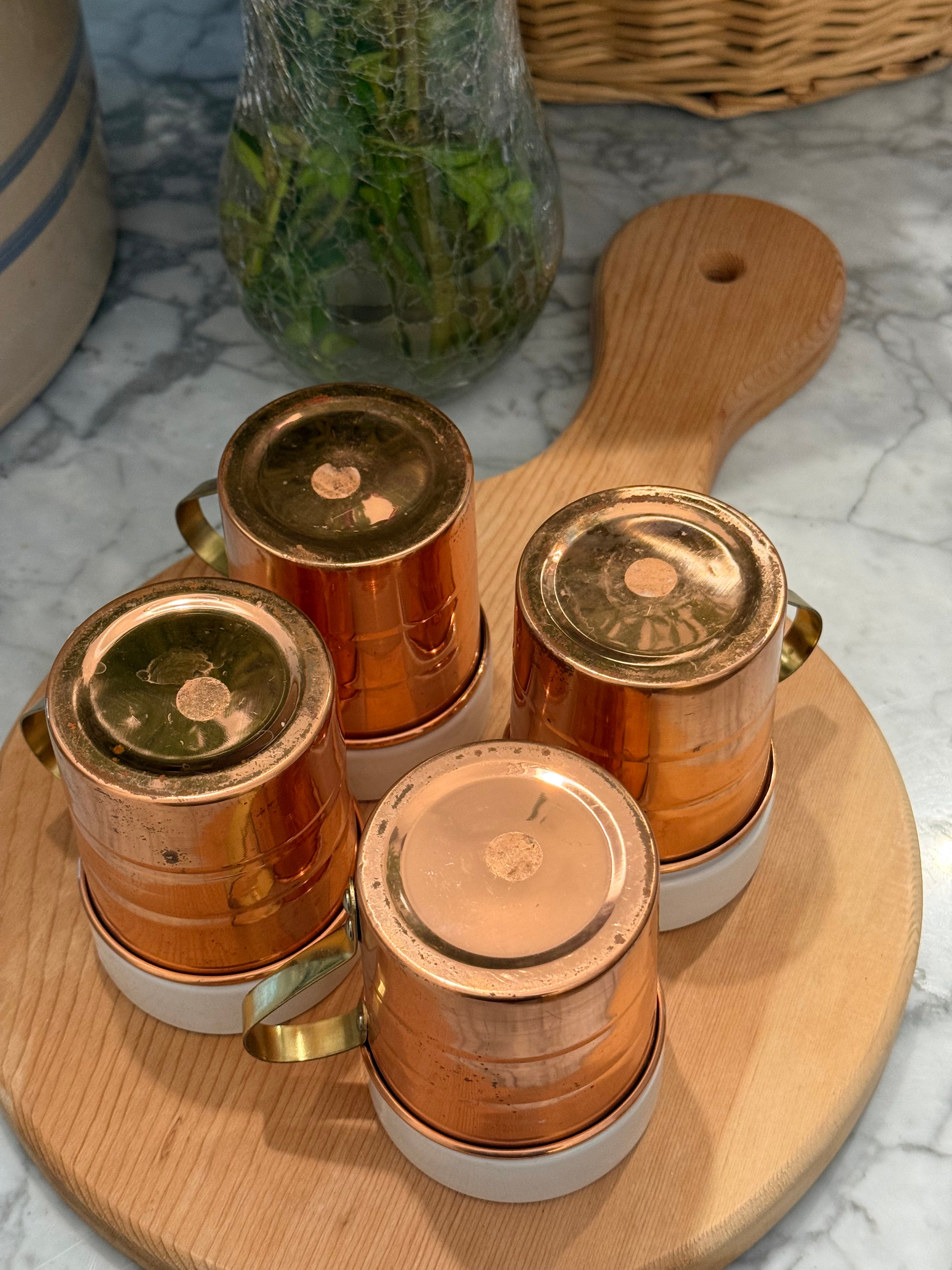 Vintage Copper Insulated Porcelain Mugs, Set of 4