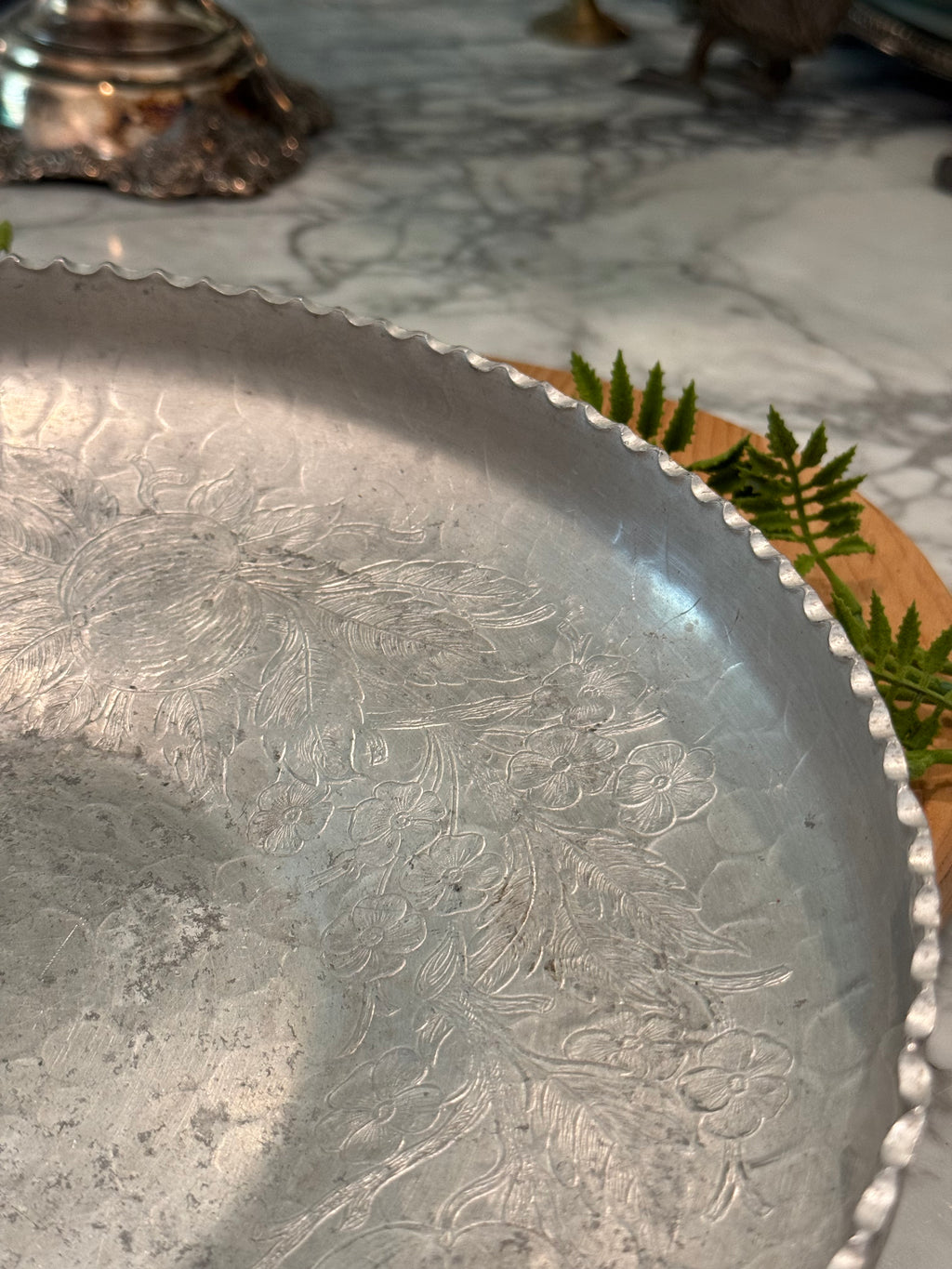 Vintage Mid-Century Aluminum Sawtooth Edge Round Platter Bowl