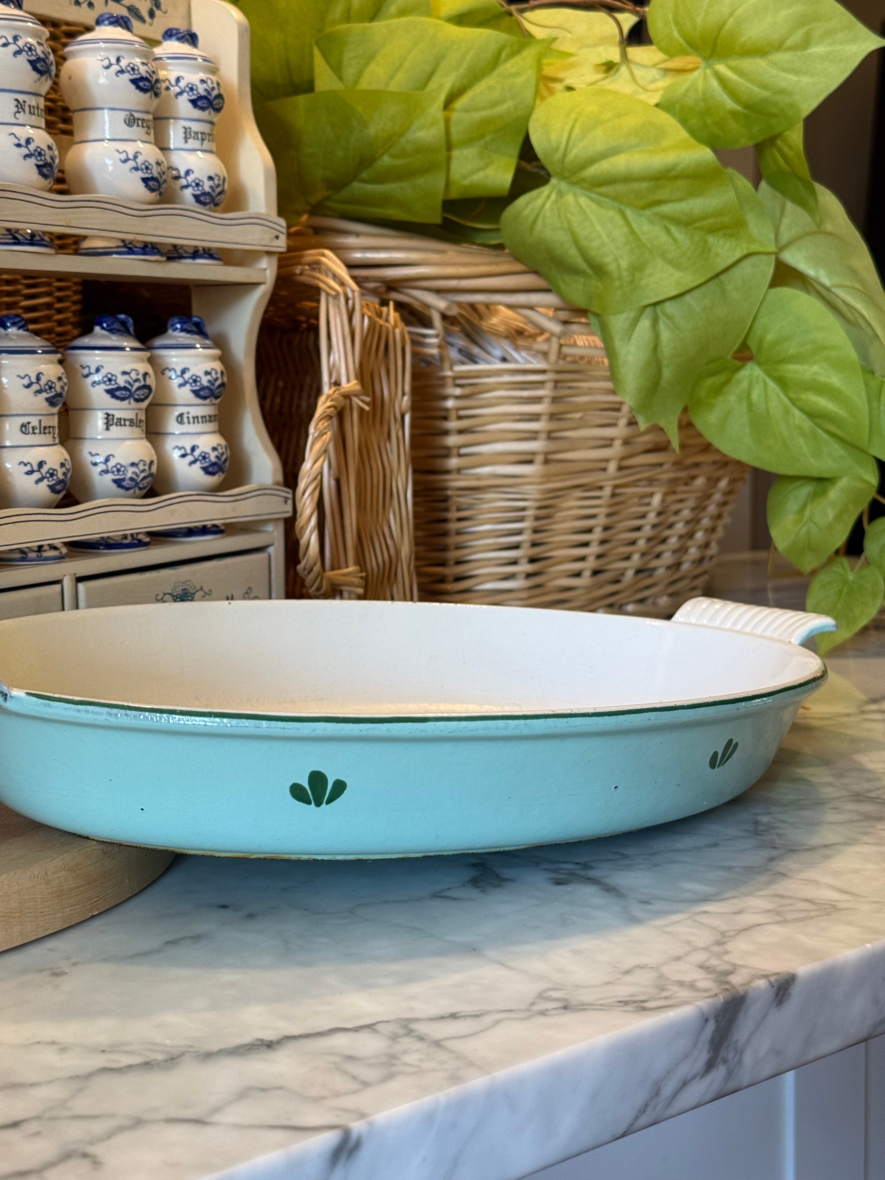 Vintage Teal Holland Enameled Cast Iron Casserole Dish