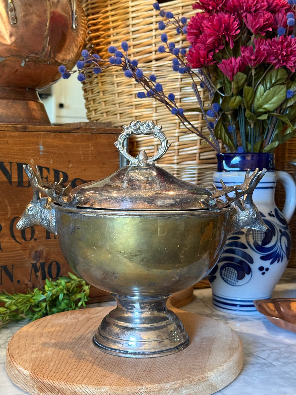 Vintage Silver Plated Stag Head Pedestal Tureen