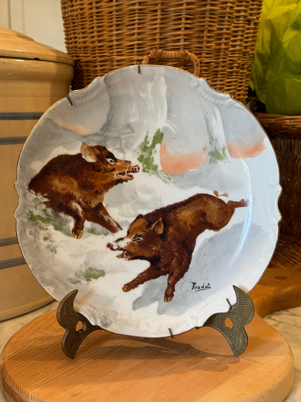 Antique Hand-Painted Wild Boar Limoges Plate
