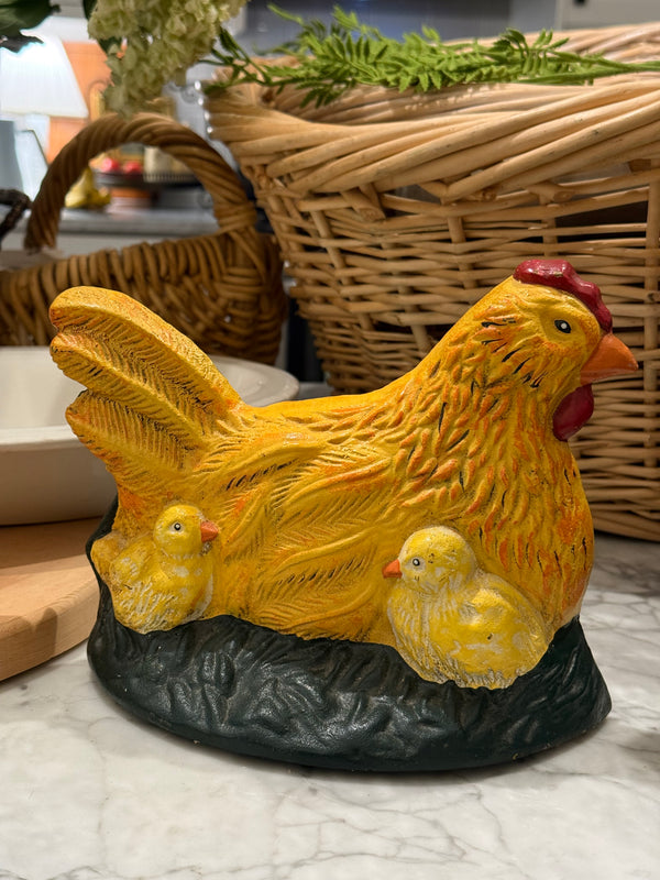 Vintage Farmhouse Cast Iron Chicken and Chicks Doorstop