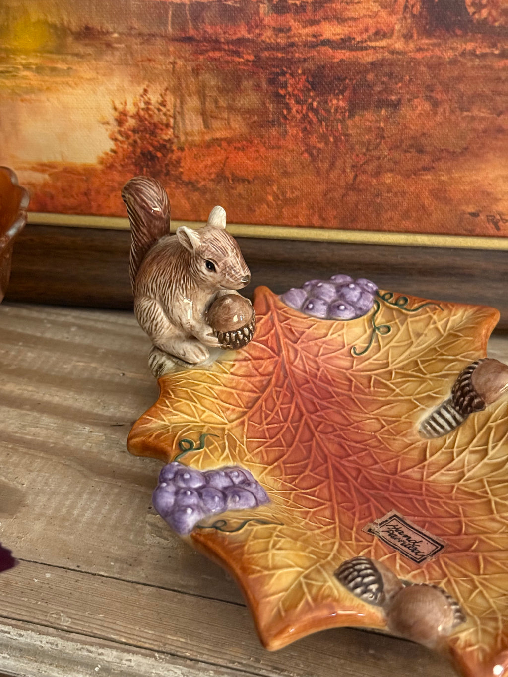 Vintage Fitz and Floyd Squirrel Leaf Ceramic Trinket Dish Autumn Decor