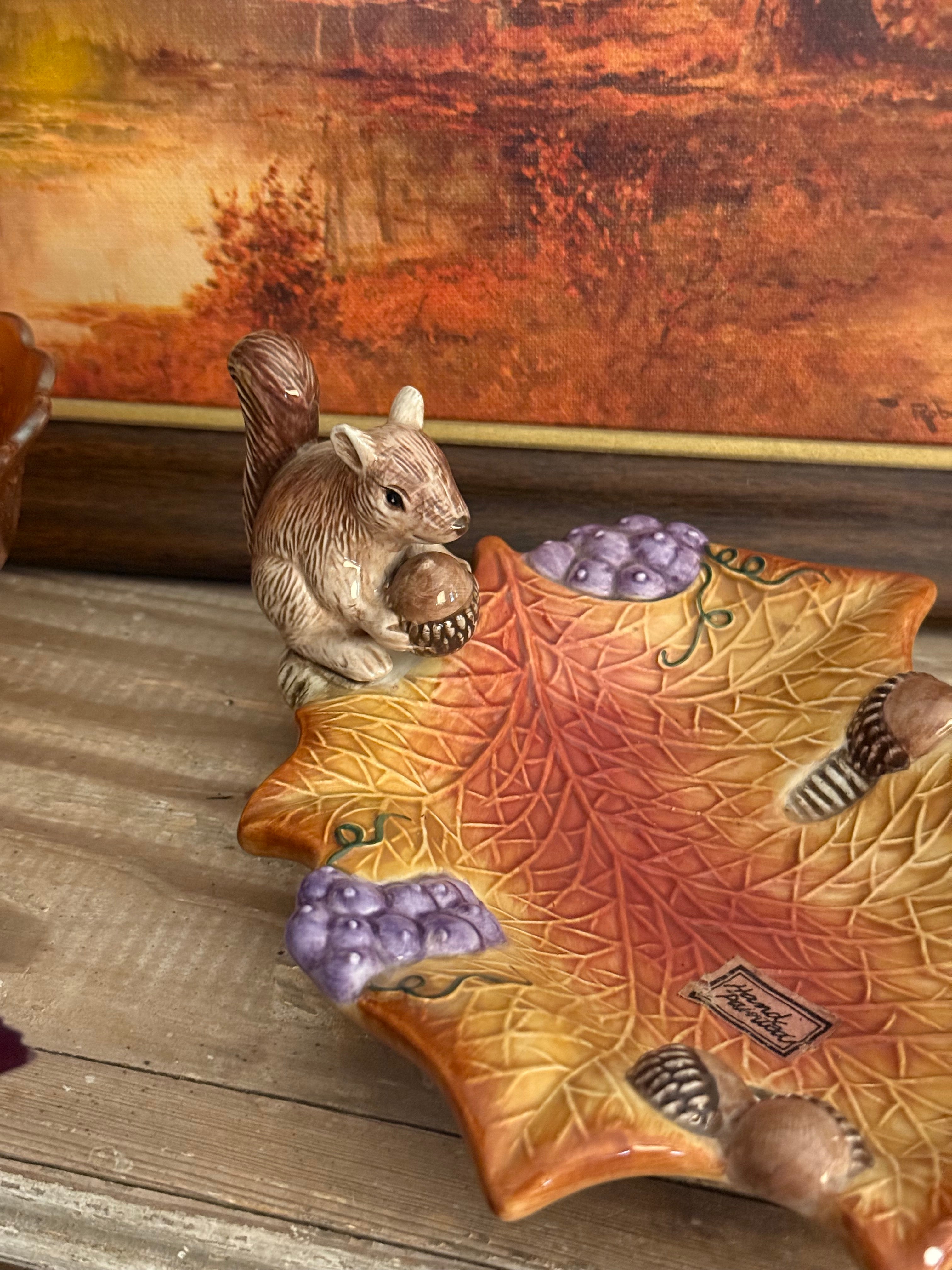 Vintage Fitz and Floyd Squirrel Leaf Ceramic Trinket Dish Autumn Decor