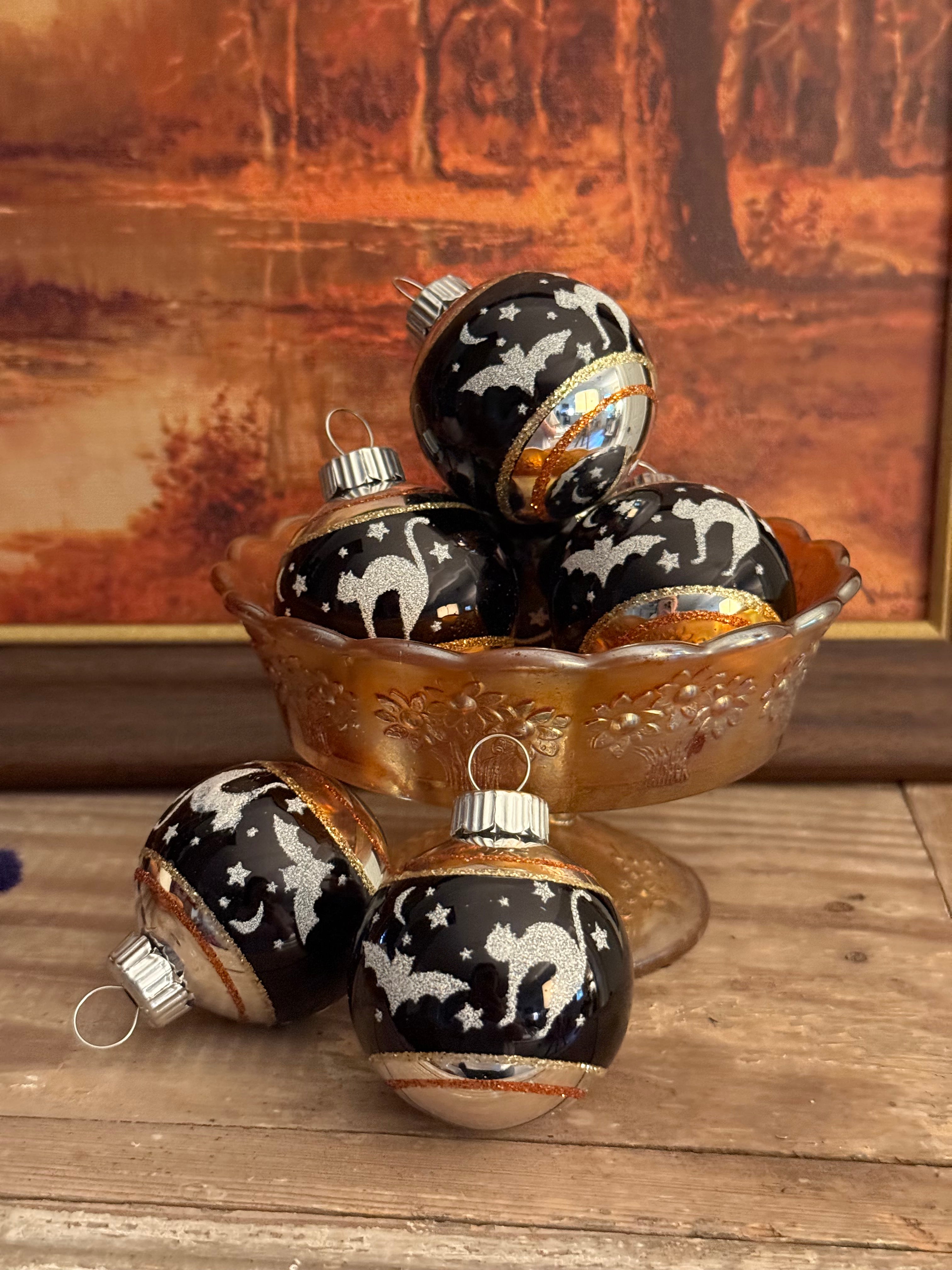 Christopher Radko Shiny Brite Set of 6 Halloween Glass Ornaments Bat & Cat