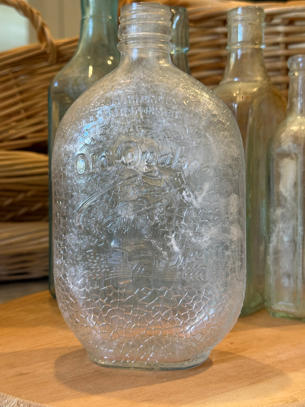 Vintage Quaker Motif Glass Flask
