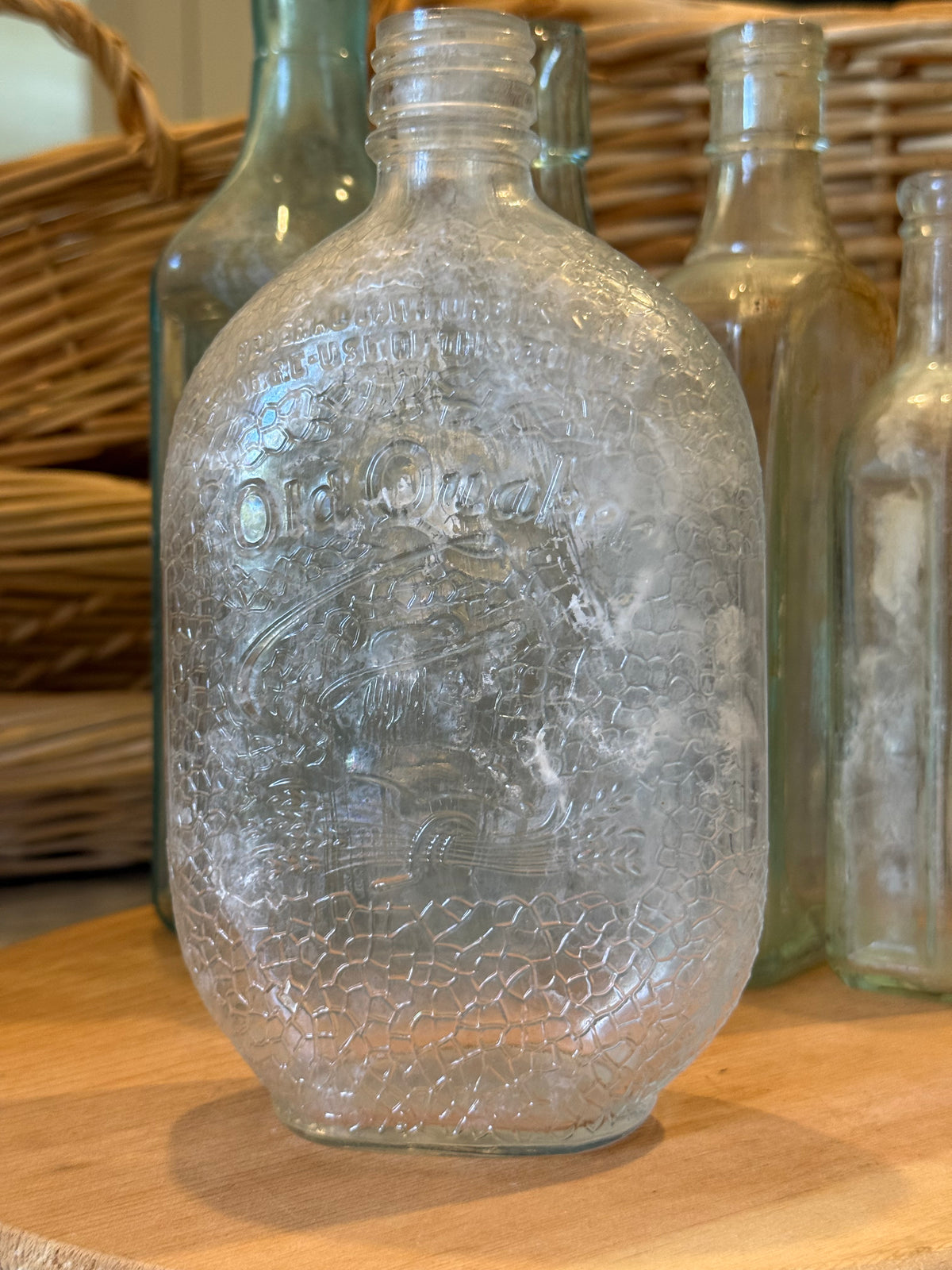 Vintage Quaker Motif Glass Flask