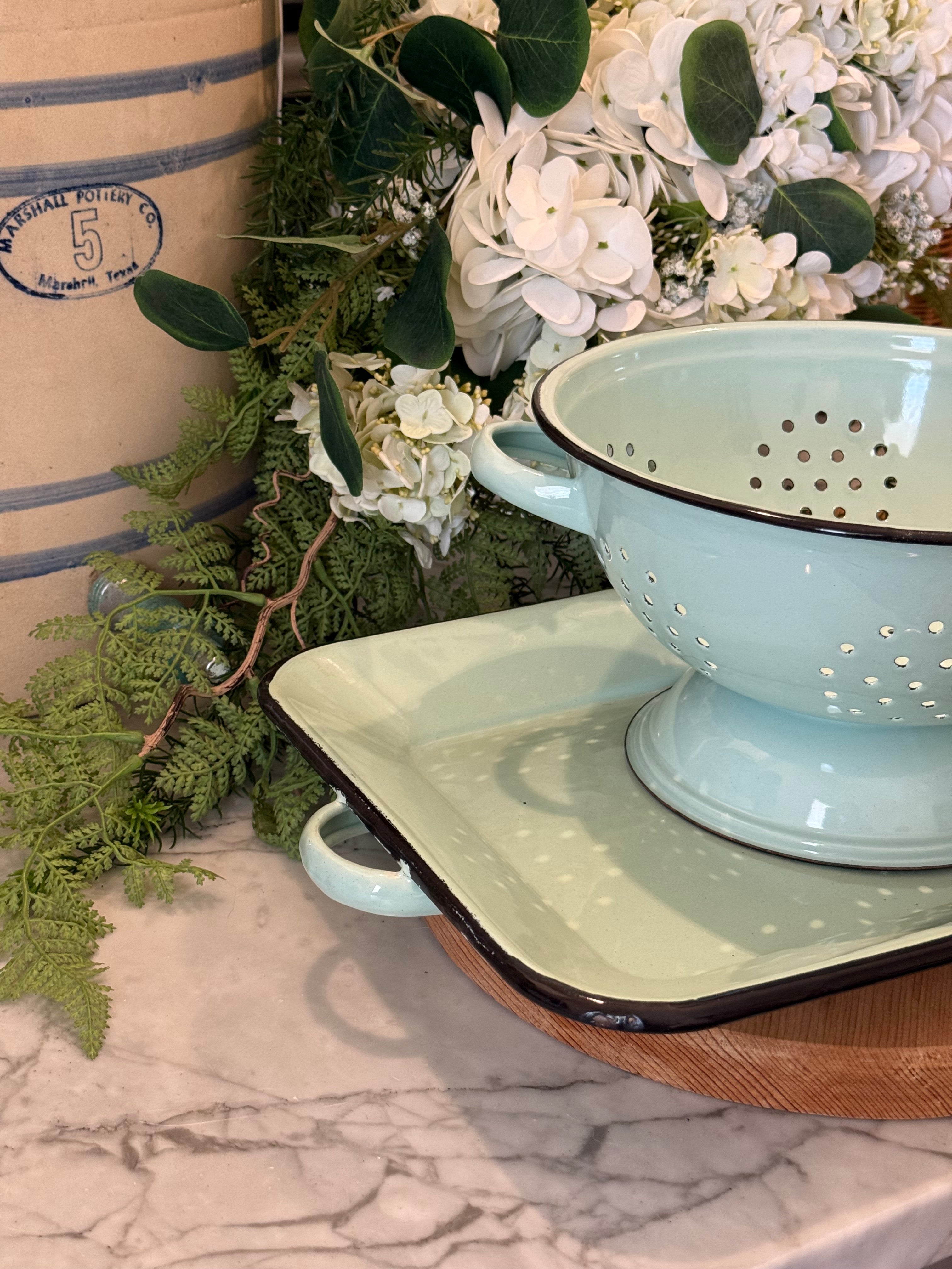 Vintage Pale Blue Teal Enamelware Serving Platter Tray