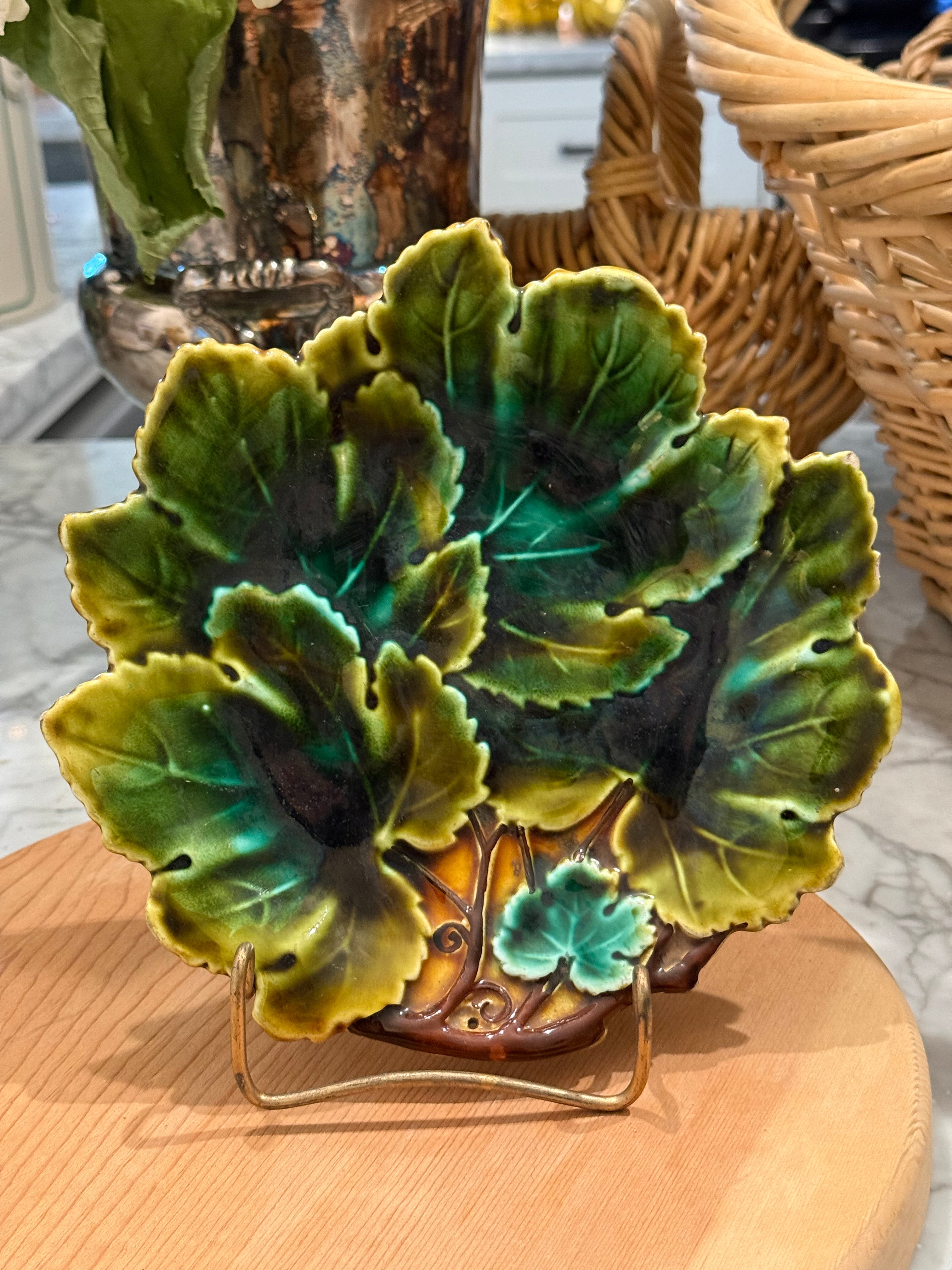 Antique Josef Steidl Znaim Majolica Green Cabbage Leaf Plate