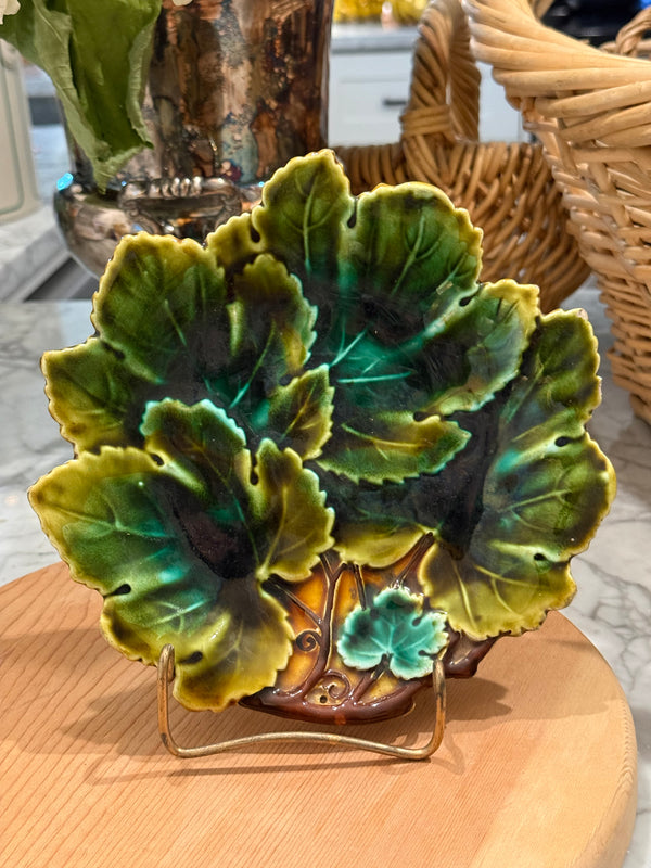 Antique Josef Steidl Znaim Majolica Green Cabbage Leaf Plate