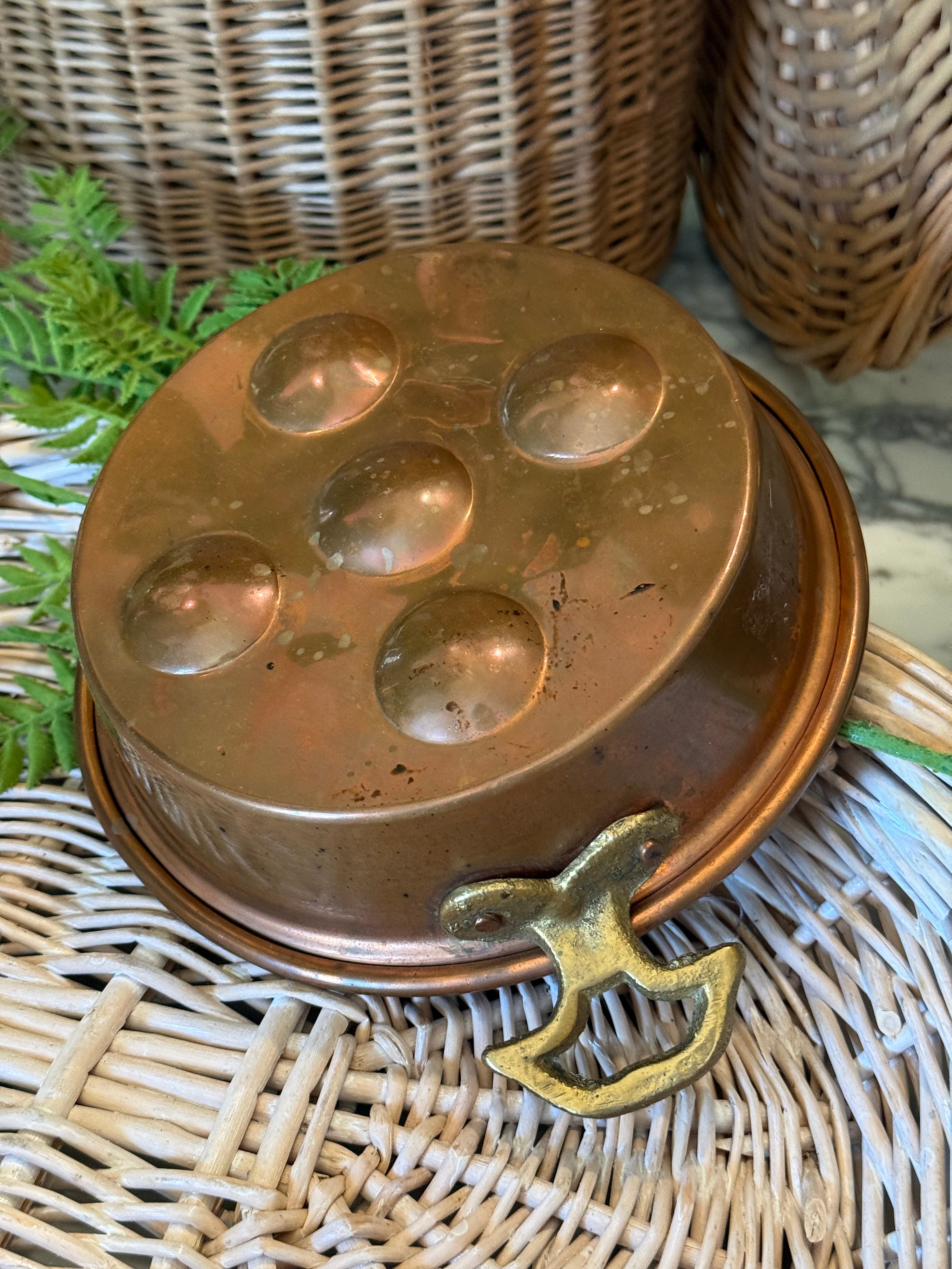 Vintage Made in Turkey Hammered Copper Egg Poacher - Brass Handles - 5-Hole