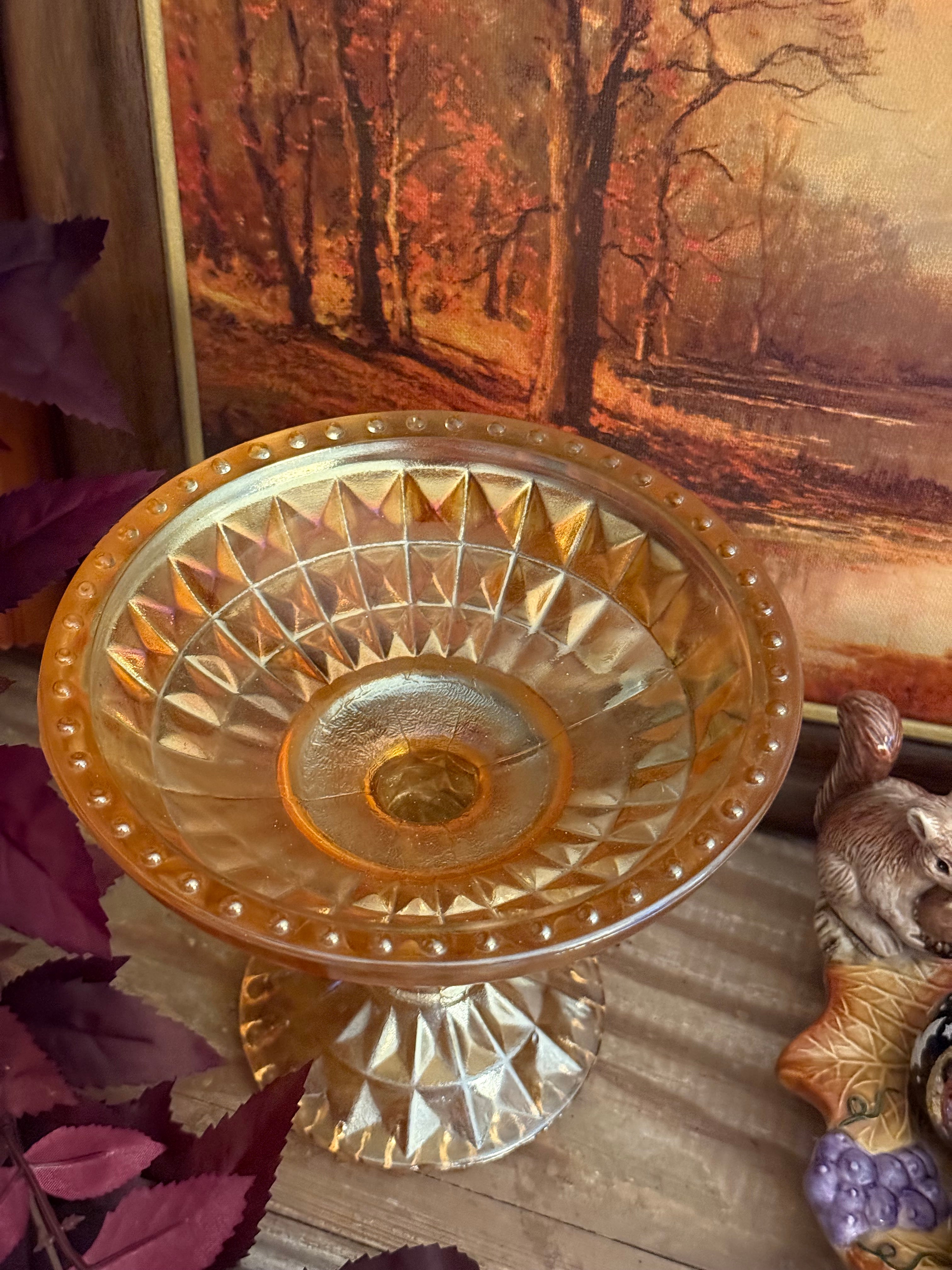 Vintage Jeannette Windsor Marigold Carnival Glass Pedestal Compote Dish