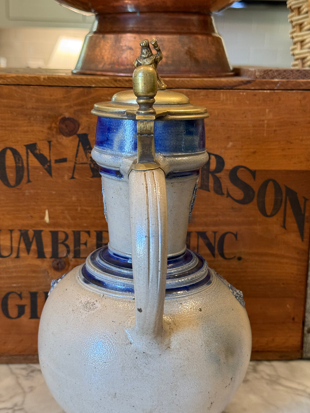 Antique German Westerwald Stein with Ornate Brass Finial