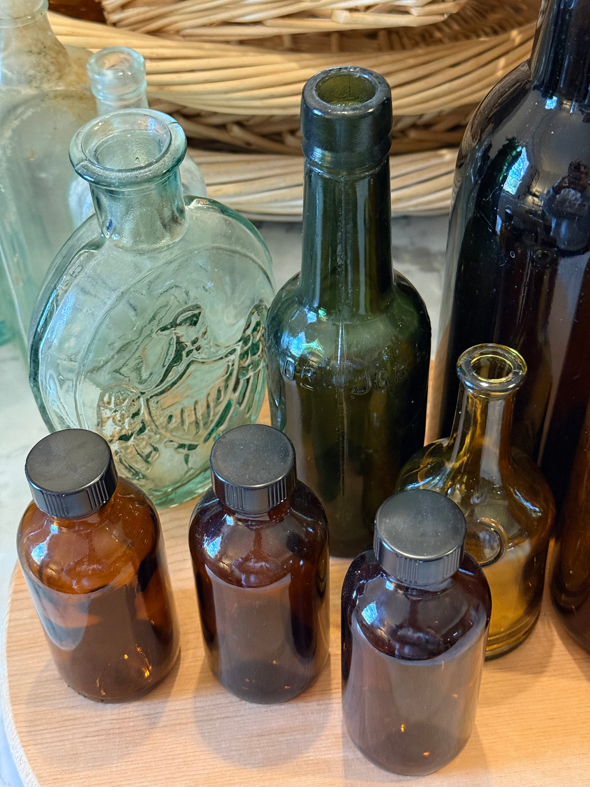 Amber Glass Small Bottles with Black Lids Set of 3 Apothecary Decor