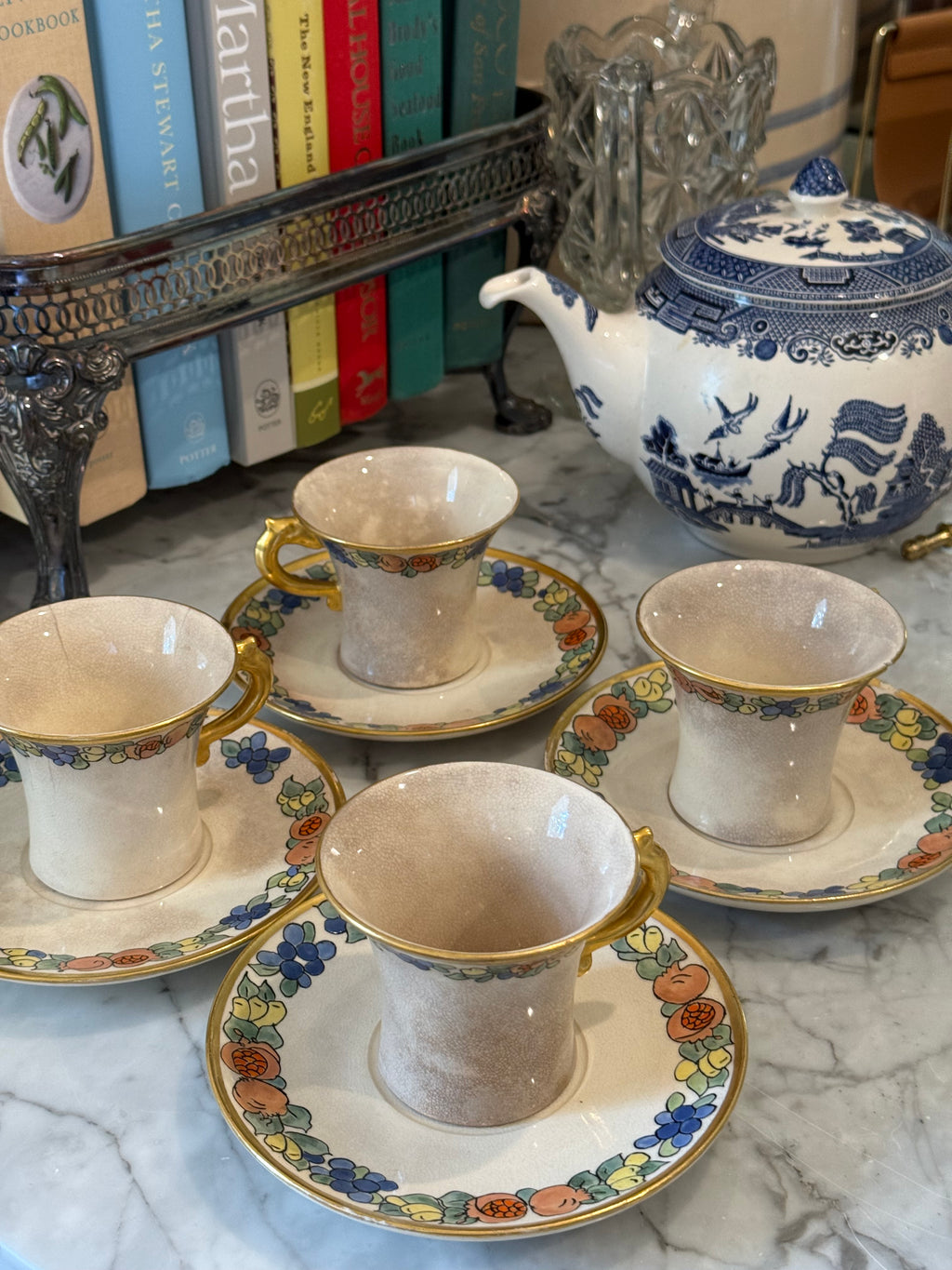 Antique Chinoiserie Ironstone Teacups & Saucers, Set of 4