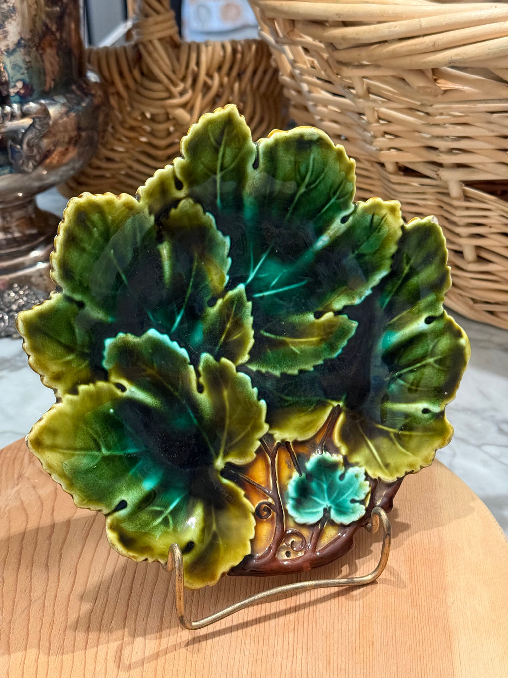 Antique Josef Steidl Znaim Majolica Green Cabbage Leaf Plate